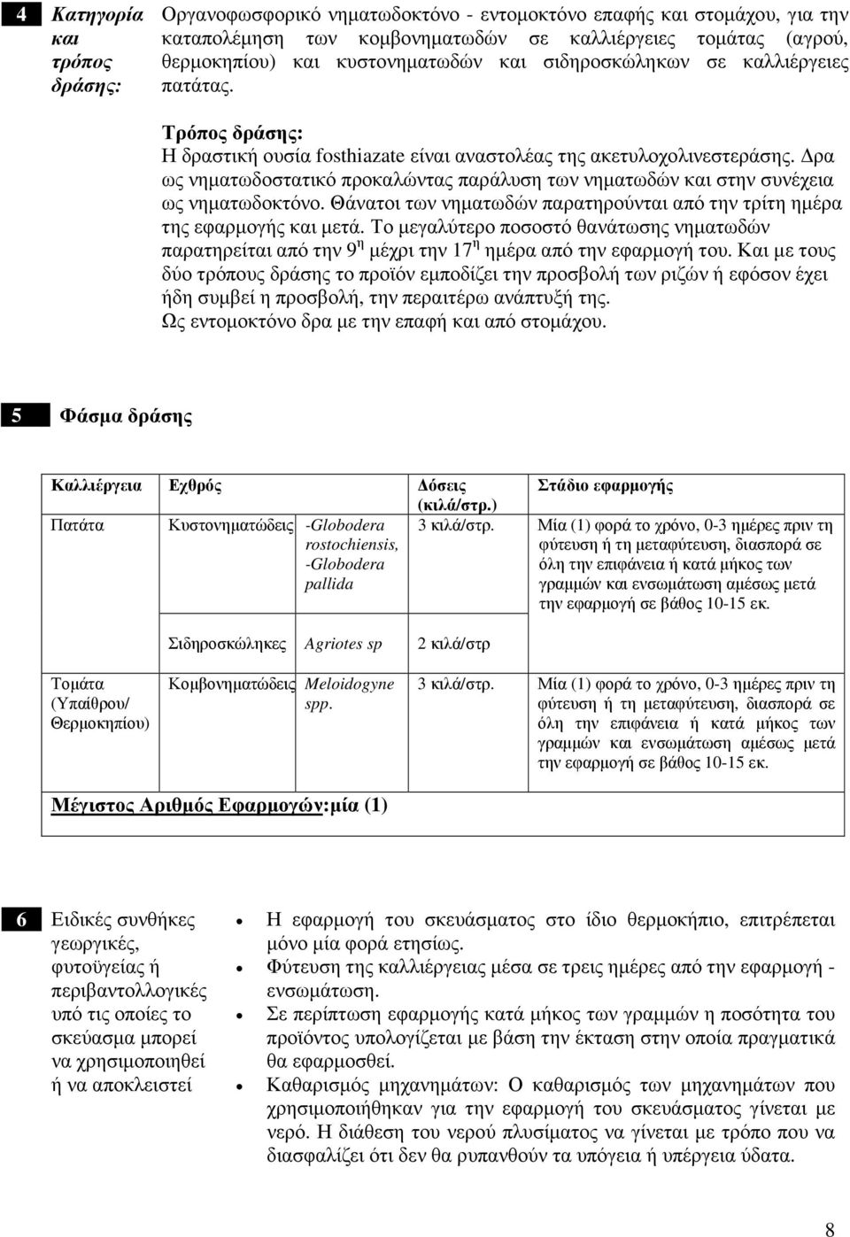 ρα ως νηµατωδοστατικό προκαλώντας παράλυση των νηµατωδών και στην συνέχεια ως νηµατωδοκτόνο. Θάνατοι των νηµατωδών παρατηρούνται από την τρίτη ηµέρα της εφαρµογής και µετά.