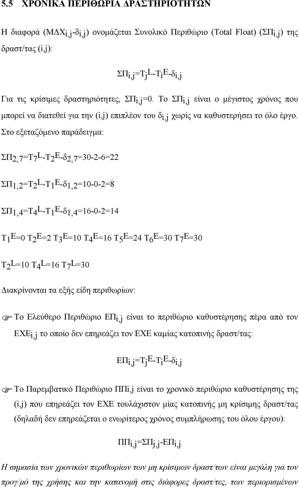 Στο εξεταζόµενο παράδειγµα: ΣΠ,7=T7 L -T E -δ,7=30--= ΣΠ1,=T L -T1 E -δ1,=10-0-=8 ΣΠ1,4=T4 L -T1 E -δ1,4=1-0-=14 Τ1 Ε =0 Τ Ε = Τ3 Ε =10 Τ4 Ε =1 T5 E =4 Τ Ε =30 T7 E =30 Τ L =10 Τ4 L =1 Τ7 L =30