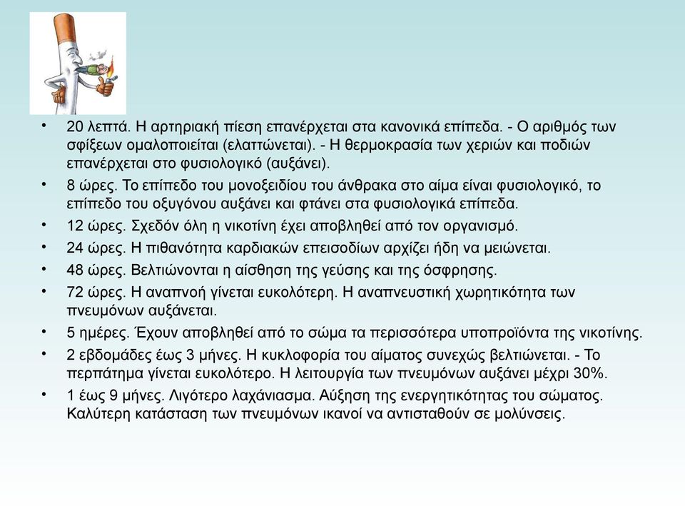 24 ώρες. Η πιθανότητα καρδιακών επεισοδίων αρχίζει ήδη να μειώνεται. 48 ώρες. Βελτιώνονται η αίσθηση της γεύσης και της όσφρησης. 72 ώρες. Η αναπνοή γίνεται ευκολότερη.