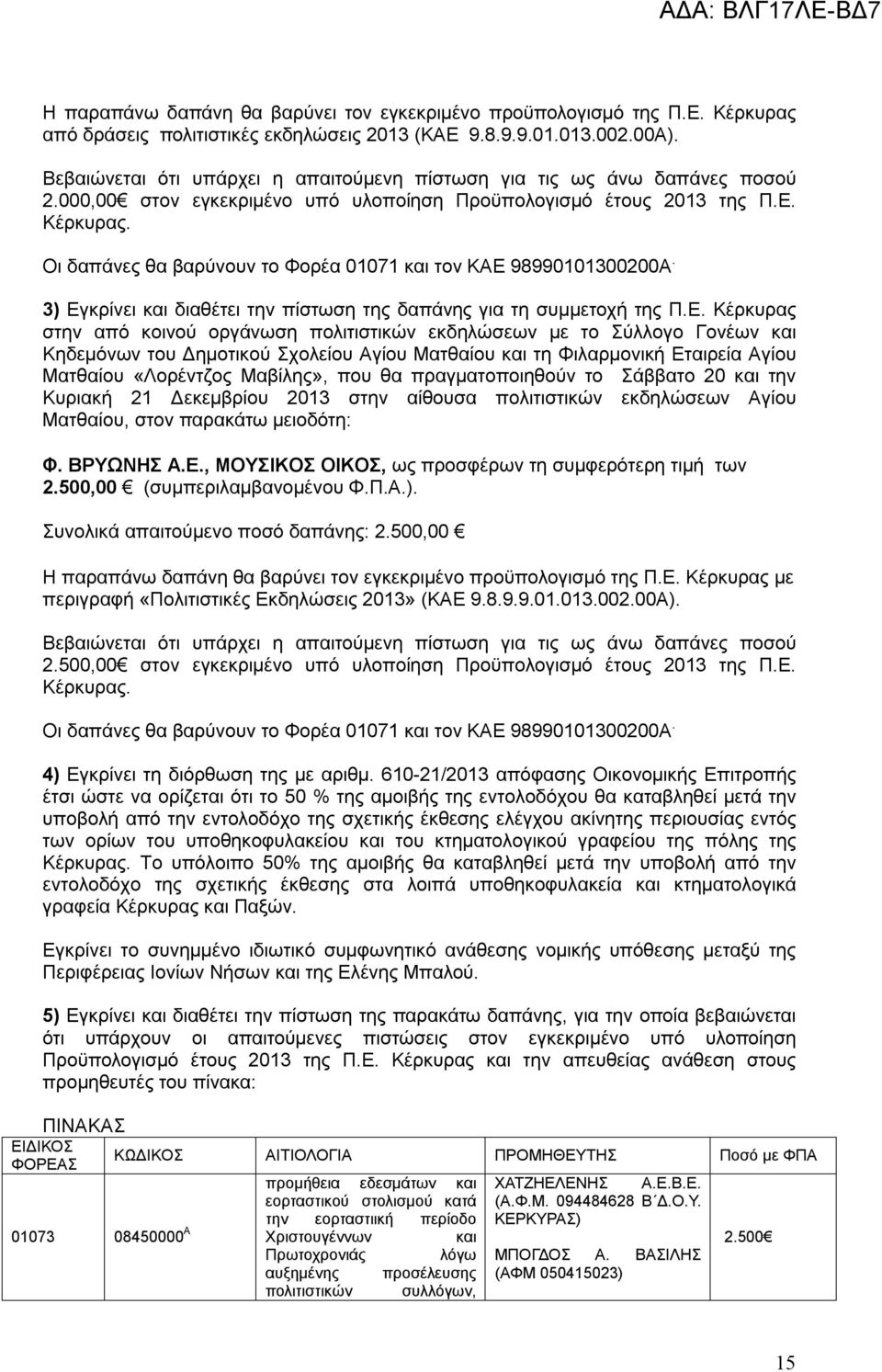 Οι δαπάνες θα βαρύνουν το Φορέα 01071 και τον ΚΑΕ 