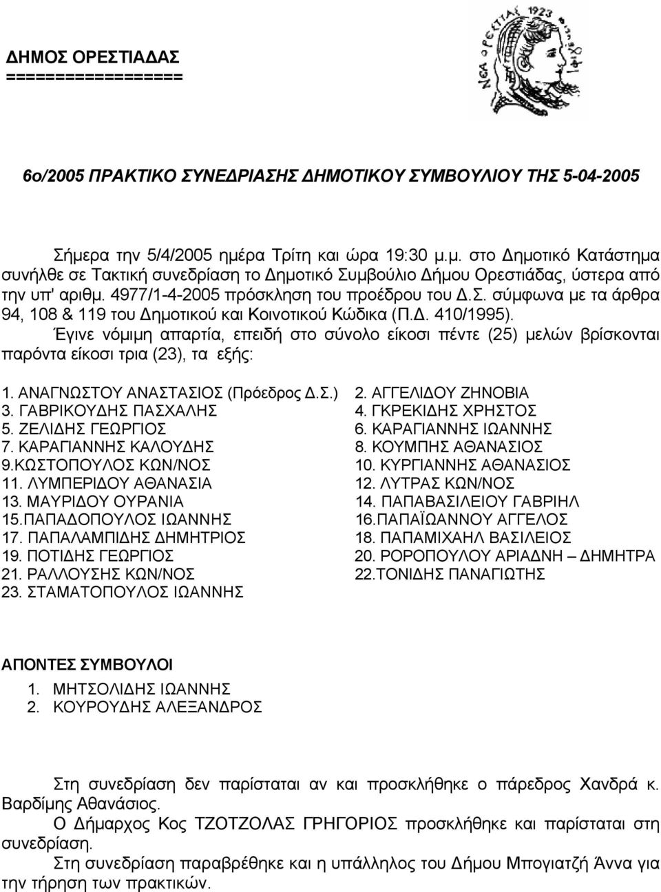 4977/1-4-2005 πρόσκληση τoυ πρoέδρου τoυ Δ.Σ. σύμφωvα με τα άρθρα 94, 108 & 119 τoυ Δημoτικoύ και Κoιvoτικoύ Κώδικα (Π.Δ. 410/1995).