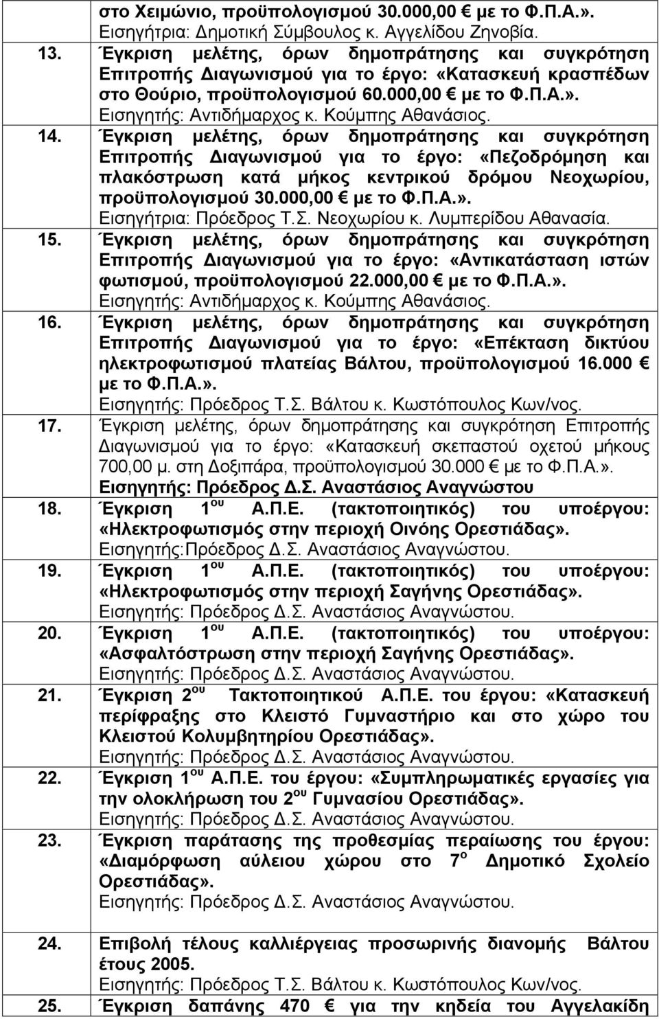 Κούμπης Αθανάσιος. 14. Έγκριση μελέτης, όρων δημοπράτησης και συγκρότηση Επιτροπής Διαγωνισμού για το έργο: «Πεζοδρόμηση και πλακόστρωση κατά μήκος κεντρικού δρόμου Νεοχωρίου, προϋπολογισμού 30.