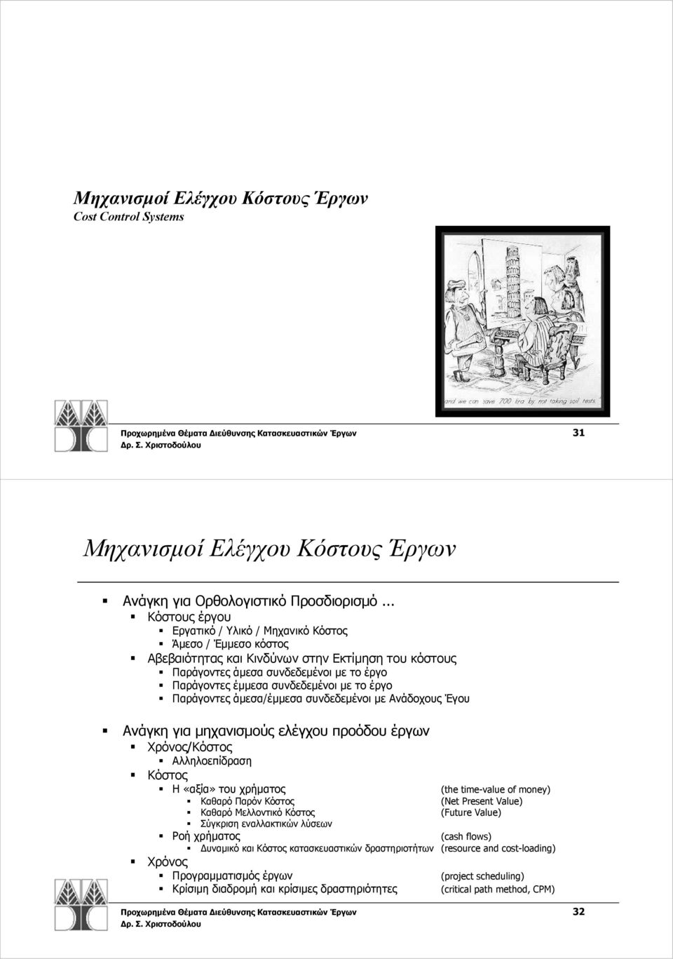 με το έργο Παράγοντες άμεσα/έμμεσα συνδεδεμένοι με Ανάδοχους Έγου Ανάγκη για μηχανισμούς ελέγχου προόδου έργων Χρόνος/Κόστος Αλληλοεπίδραση Κόστος Η «αξία» του χρήματος (the time-value of money)