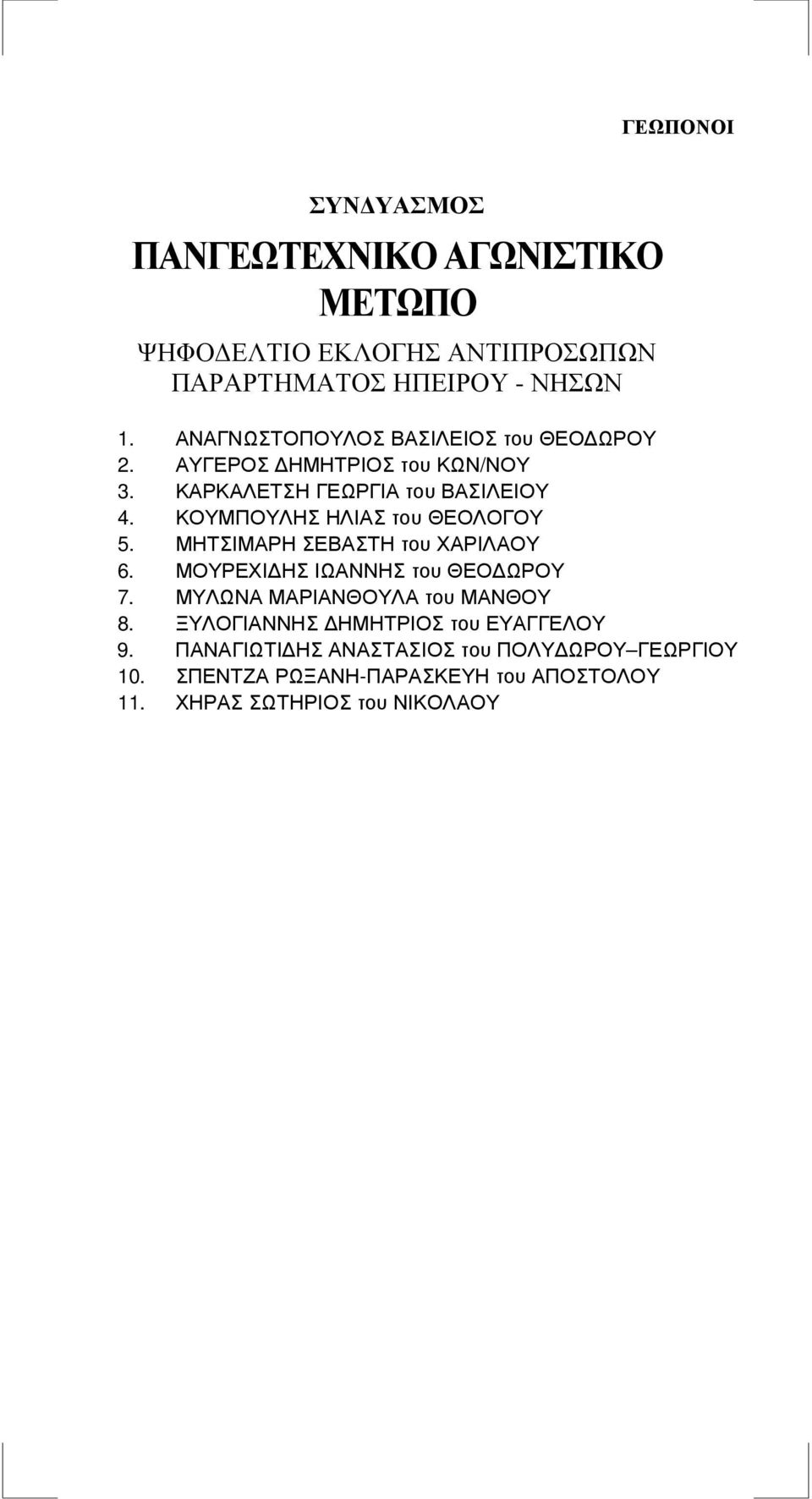 ΜΗΤΣΙΜΑΡΗ ΣΕΒΑΣΤΗ του ΧΑΡΙΛΑΟΥ 6. ΜΟΥΡΕΧΙ ΗΣ ΙΩΑΝΝΗΣ του ΘΕΟ ΩΡΟΥ 7. ΜΥΛΩΝΑ ΜΑΡΙΑΝΘΟΥΛΑ του ΜΑΝΘΟΥ 8.