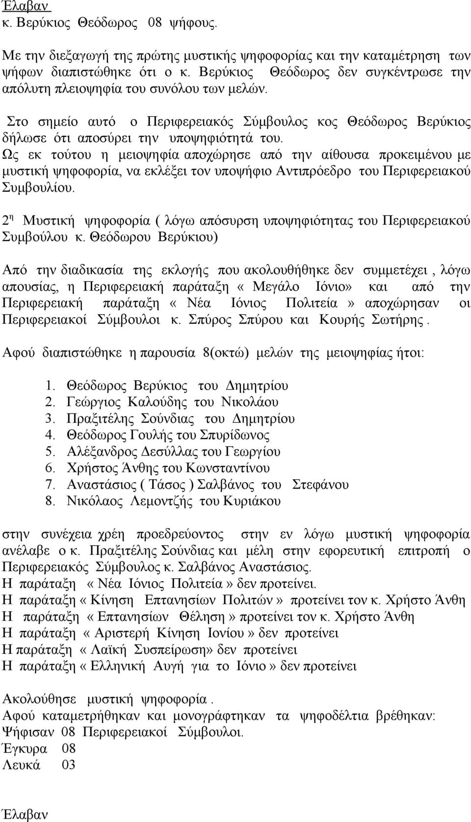 Ως εκ τούτου η μειοψηφία αποχώρησε από την αίθουσα προκειμένου με μυστική ψηφοφορία, να εκλέξει τον υποψήφιο Αντιπρόεδρο του Περιφερειακού Συμβουλίου.