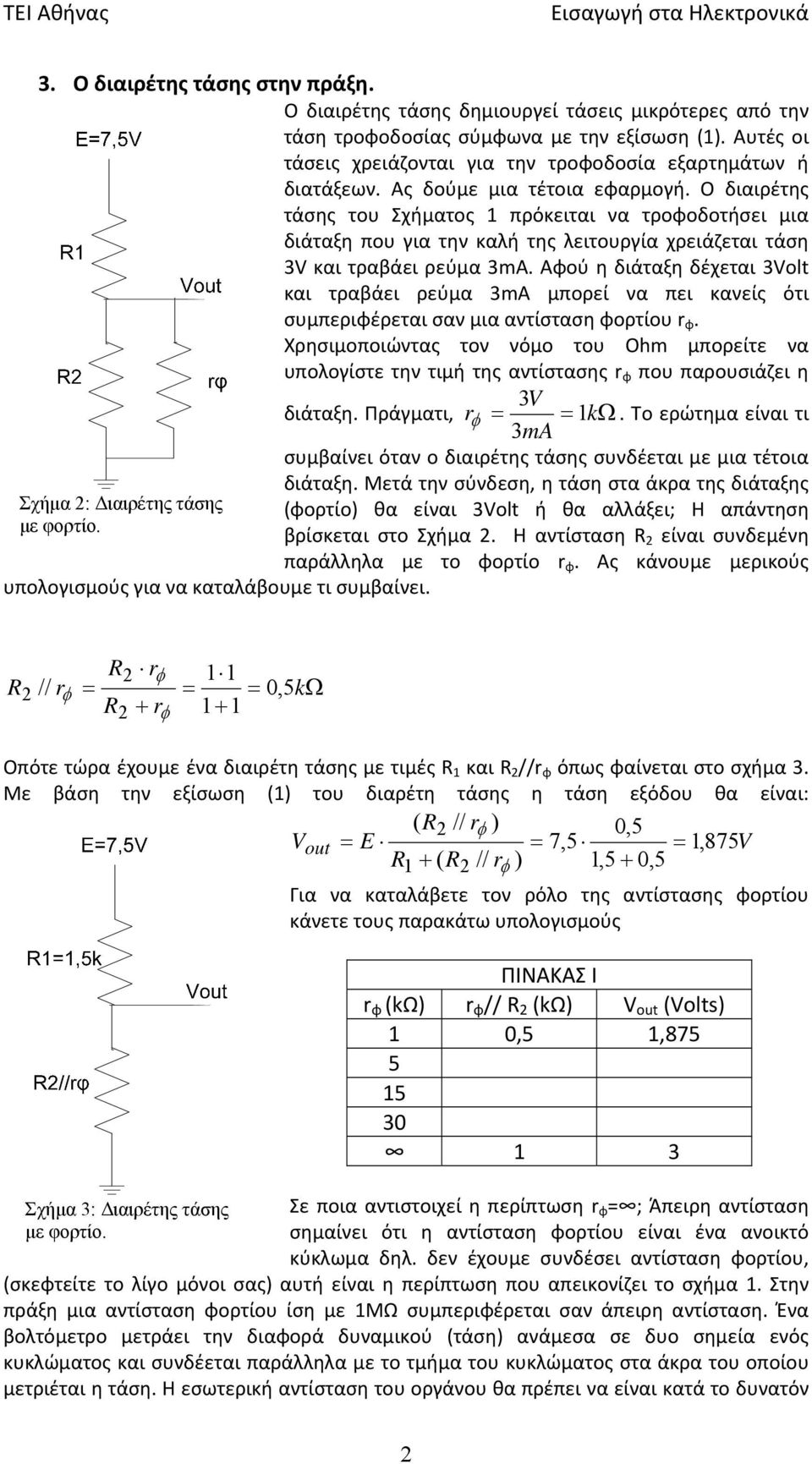 Ο διαιρέτης τάσης του Σχήματος 1 πρόκειται να τροφοδοτήσει μια διάταξη που για την καλή της λειτουργία χρειάζεται τάση 3V και τραβάει ρεύμα 3mA.