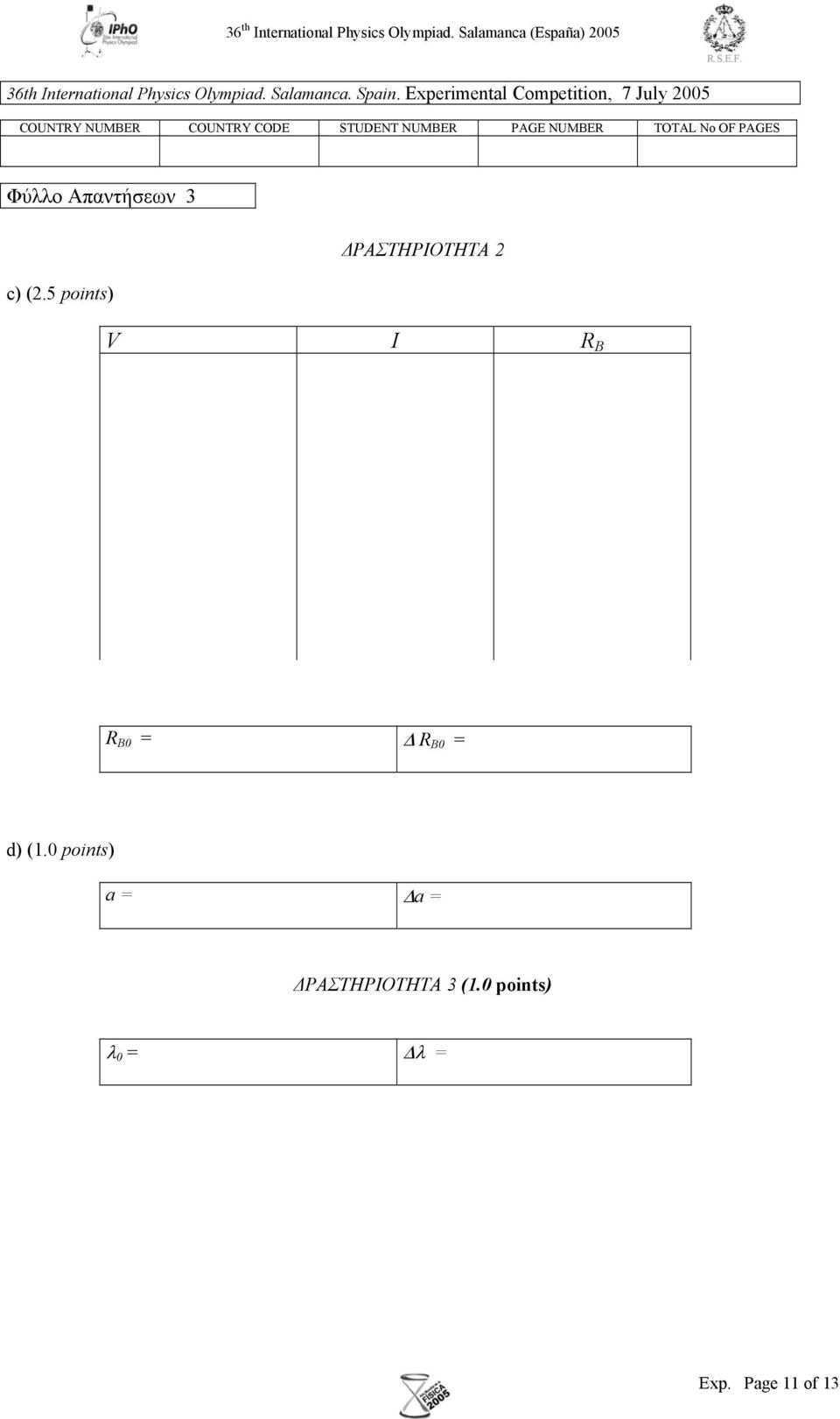 Eperimental Competition, 7 July 005 COUNTRY NUMBER COUNTRY CODE STUDENT NUMBER PAGE NUMBER