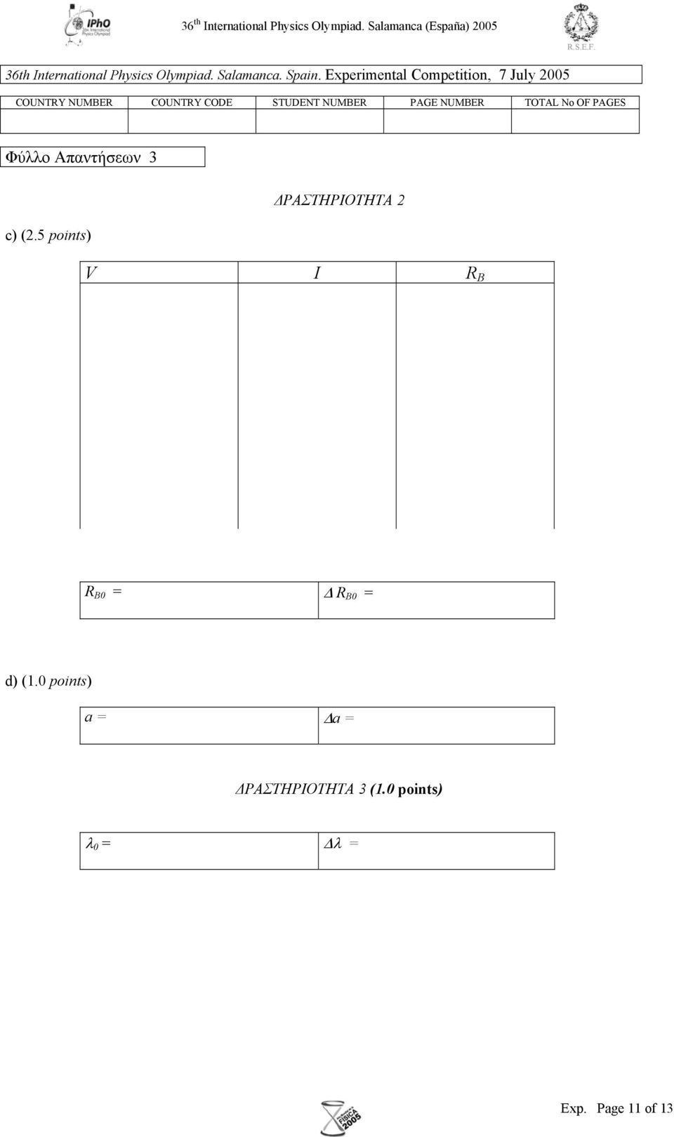 Eperimental Competition, 7 July 005 COUNTRY NUMBER COUNTRY CODE STUDENT NUMBER PAGE NUMBER