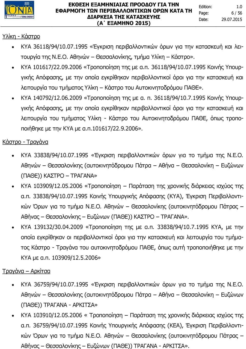 1995 Κοινής Υπουργικής Απόφασης, με την οποία εγκρίθηκαν περιβαλλοντικοί όροι για την κατασκευή και λειτουργία του τμήματος Υλίκη Κάστρο του Αυτοκινητοδρόμου ΠΑΘΕ». ΚΥΑ 140792/12.06.