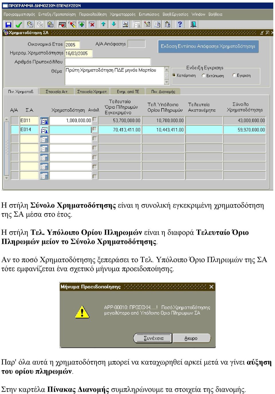 Αν το ποσό Χρηματοδότησης ξεπεράσει το Τελ. Υπόλοιπο Όριο Πληρωμών της ΣΑ τότε εμφανίζεται ένα σχετικό μήνυμα προειδοποίησης.