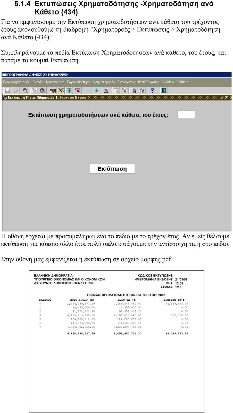 Συμπληρώνουμε τα πεδία Εκτύπωση Χρηματοδοτήσεων ανά κάθετο, του έτους, και πατάμε το κουμπί Εκτύπωση.