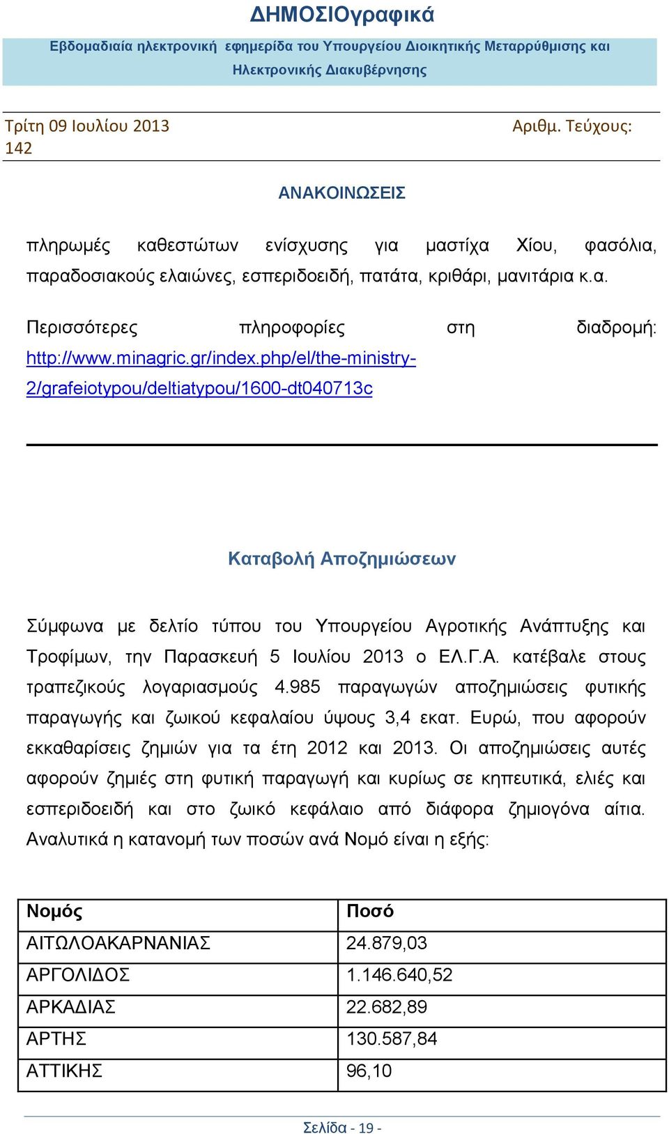 985 παξαγσγψλ απνδεκηψζεηο θπηηθήο παξαγσγήο θαη δσηθνχ θεθαιαίνπ χςνπο 3,4 εθαη. Δπξψ, πνπ αθνξνχλ εθθαζαξίζεηο δεκηψλ γηα ηα έηε 2012 θαη 2013.