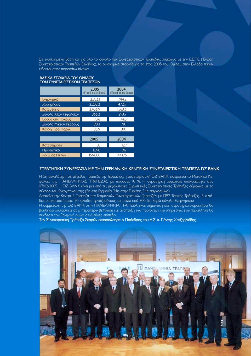 (Ένωση Συνεταιριστικών Τραπεζών Ελλάδος), τα οικονοµικά στοιχεία για το έτος 2005 του Οµίλου στην Ελλάδα παρατίθενται στον παρακάτω πίνακα: Η 5η µεγαλύτερη σε µέγεθος Τράπεζα της Γερµανίας, η