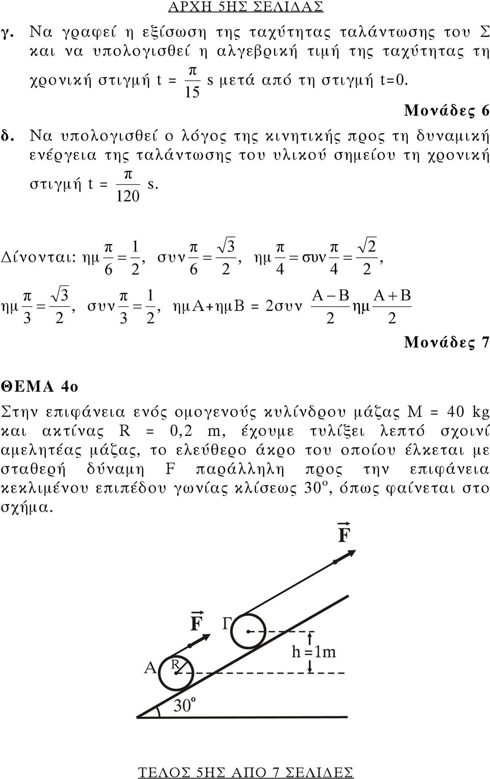 10 ίνονται: ημ ημ π 3 = 3 ΘΕΜΑ 4ο, συν π 1 6 = π, συν 6 = 3 π, ημ 4 π 1 3 =, ημα+ημβ = συν π = συν = 4 Α Β Α + Β ημ, Μονάδες 7 Στην επιφάνεια ενός ομογενούς κυλίνδρου μάζας Μ = 40