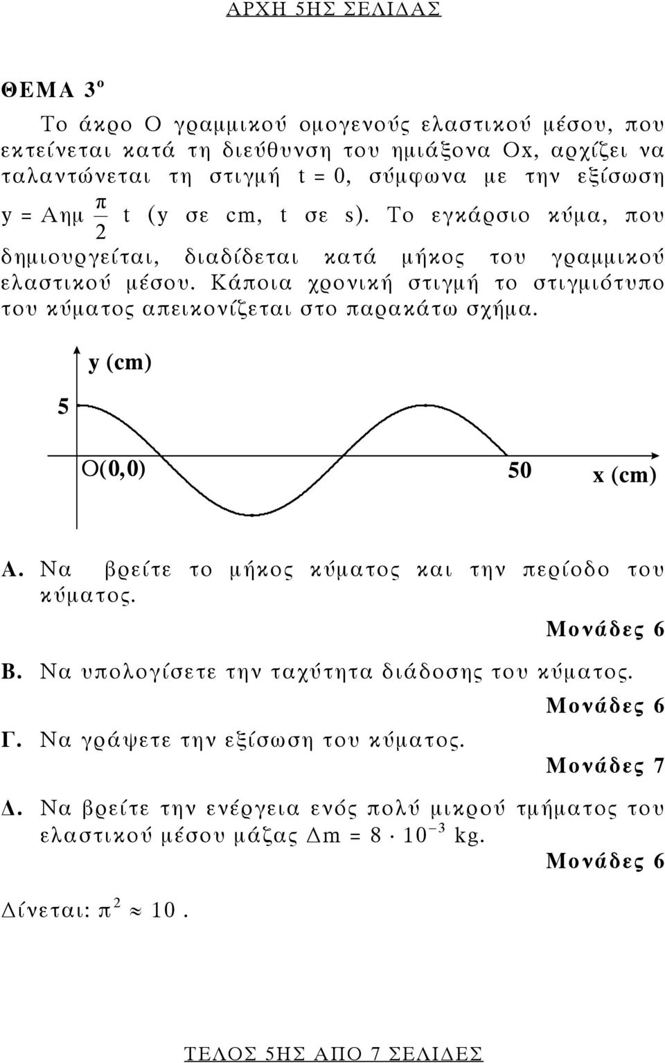 Κάποια χρονική στιγμή το στιγμιότυπο του κύματος απεικονίζεται στο παρακάτω σχήμα. Α. Να βρείτε το μήκος κύματος και την περίοδο του κύματος. Β.