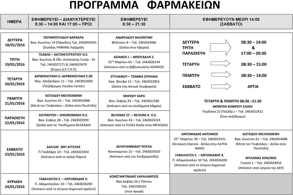 2463022853 (Δίπλα στα Αστικά Λεωφορεία) ΑΡΓΙΑ 21/01/2016 22/01/2016 ΚΩΤΣΙΔΟΥ ΜΕΛΠΟΜΕΝΗ Βασ. Κων/νου 61 Τηλ. 2463054688 (Μετά τον Τσιφτσάκη Δίπλα στον Πουλτίδη) ΜΗΓΚΟΥ ΧΑΡΑ Βασ. Σοφίας 29 Τηλ.