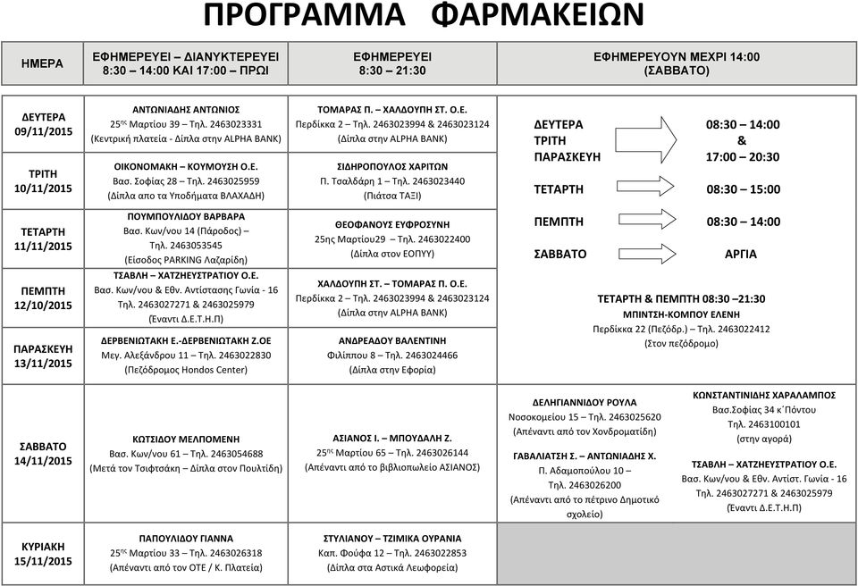 ΔΕΡΒΕΝΙΩΤΑΚΗ Ε. ΔΕΡΒΕΝΙΩΤΑΚΗ Ζ.ΟΕ ΑΝΔΡΕΑΔΟΥ ΒΑΛΕΝΤΙΝΗ Φιλίππου 8 Τηλ. 2463024466 (Δίπλα στην Εφορία) & 08:30 21:30 14/11/2015 ΚΩΤΣΙΔΟΥ ΜΕΛΠΟΜΕΝΗ Βασ. Κων/νου 61 Τηλ.