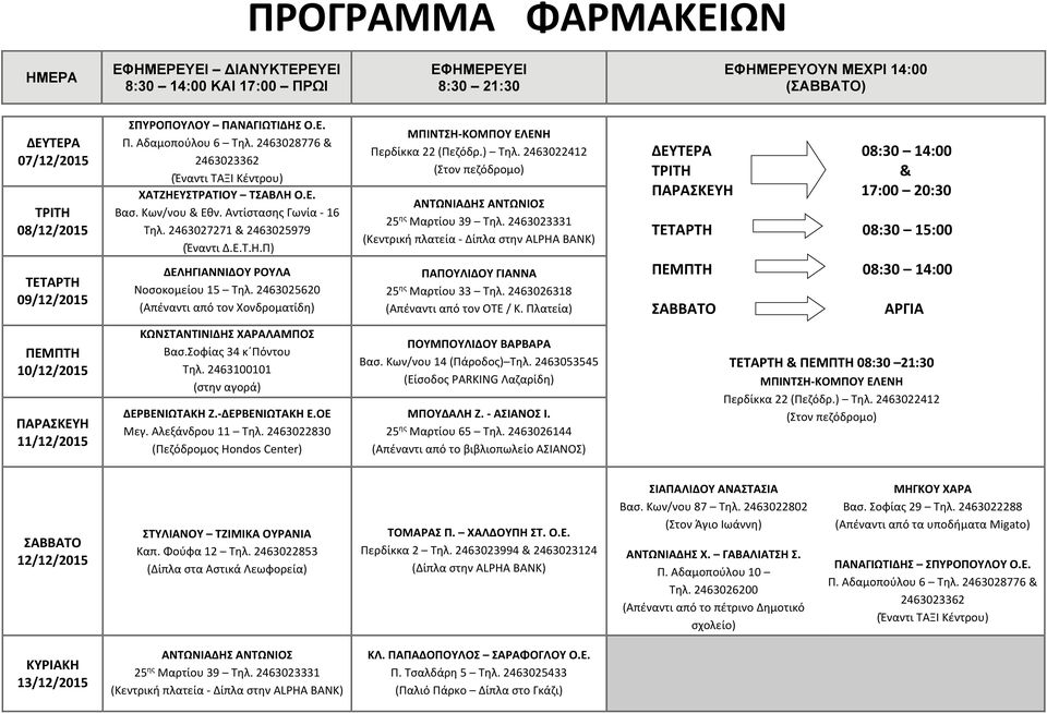 2463026318 (Απέναντι από τον ΟΤΕ / Κ. Πλατεία) ΑΡΓΙΑ 10/12/2015 11/12/2015 ΚΩΝΣΤΑΝΤΙΝΙΔΗΣ ΧΑΡΑΛΑΜΠΟΣ Βασ.Σοφίας 34 κ Πόντου Τηλ. 2463100101 (στην αγορά) ΔΕΡΒΕΝΙΩΤΑΚΗ Ζ. ΔΕΡΒΕΝΙΩΤΑΚΗ Ε.ΟΕ Βασ.