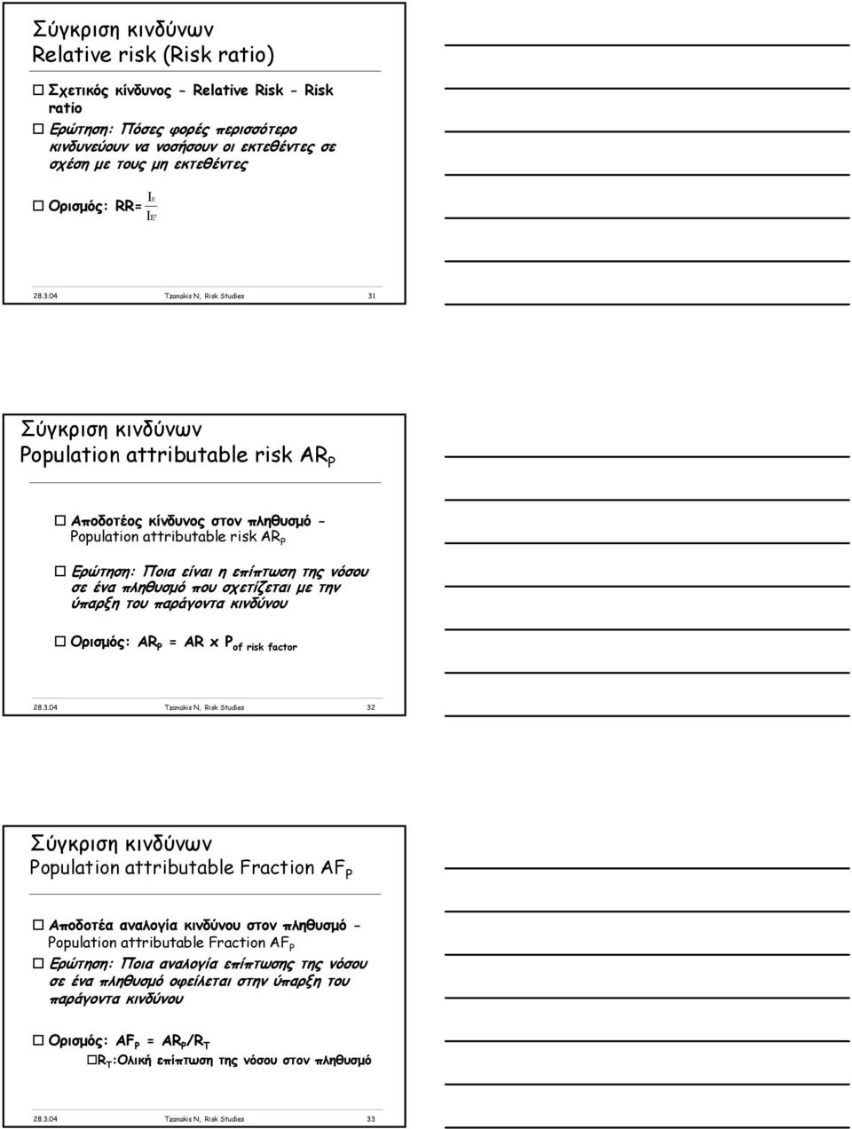 04 Tzanakis N, Risk Studies 31 Σύγκριση κινδύνων Population attributable risk AR P Αποδοτέος κίνδυνος στον πληθυσµό - Population attributable risk AR P Ερώτηση: Ποια είναι η επίπτωση της νόσου σε ένα