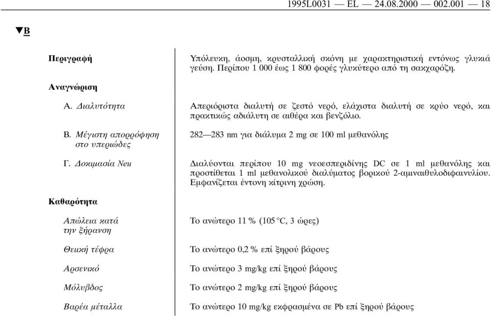 ιαλυτ τητα Απερι ριστα διαλυτή σε ζεστ νερ, ελάχιστα διαλυτή σε κρ ο νερ, και πρακτικώς αδιάλυτη σε αιθέρα και βενζ λιο. Β.