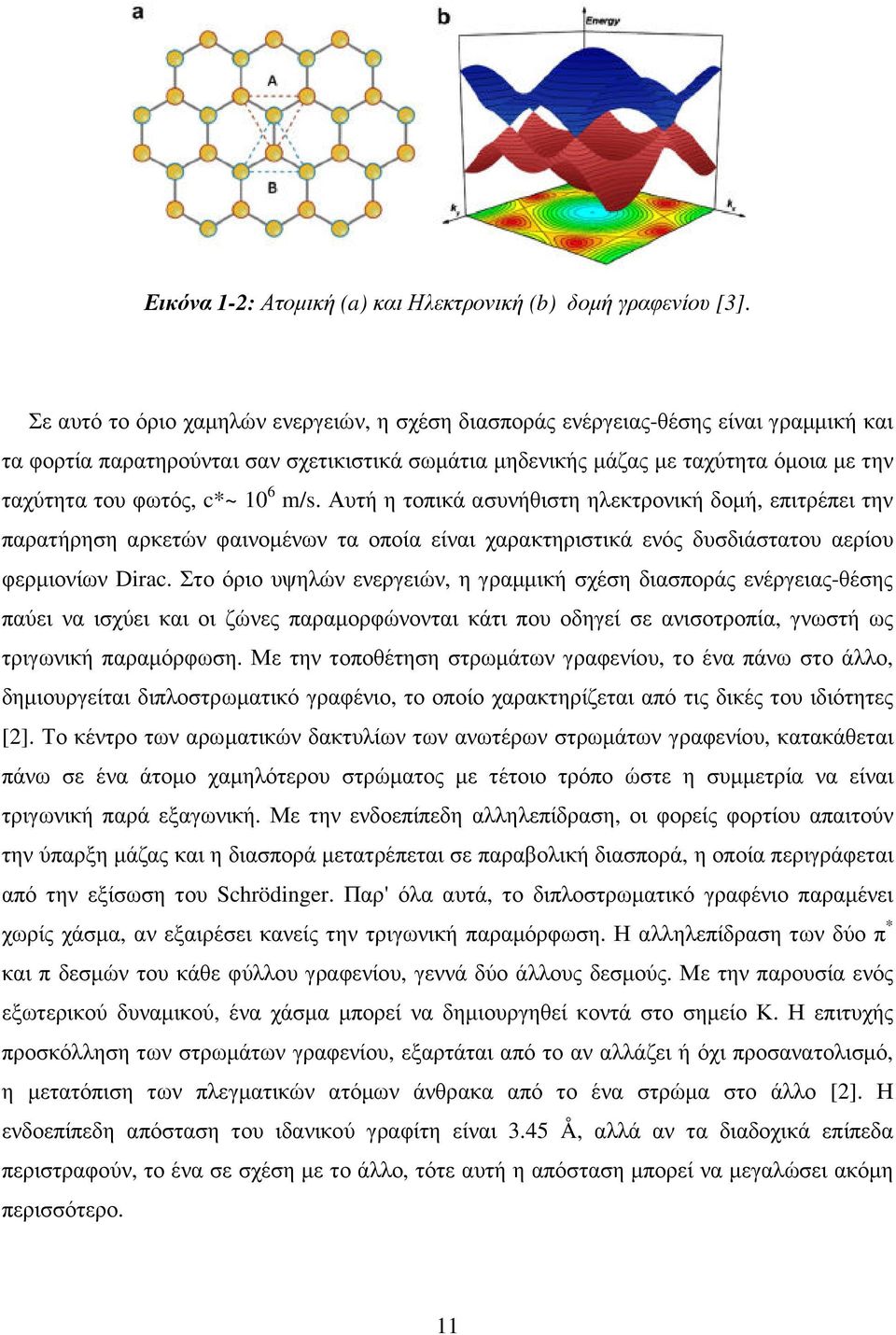 c*~ 10 6 m/s. Αυτή η τοπικά ασυνήθιστη ηλεκτρονική δοµή, επιτρέπει την παρατήρηση αρκετών φαινοµένων τα οποία είναι χαρακτηριστικά ενός δυσδιάστατου αερίου φερµιονίων Dirac.