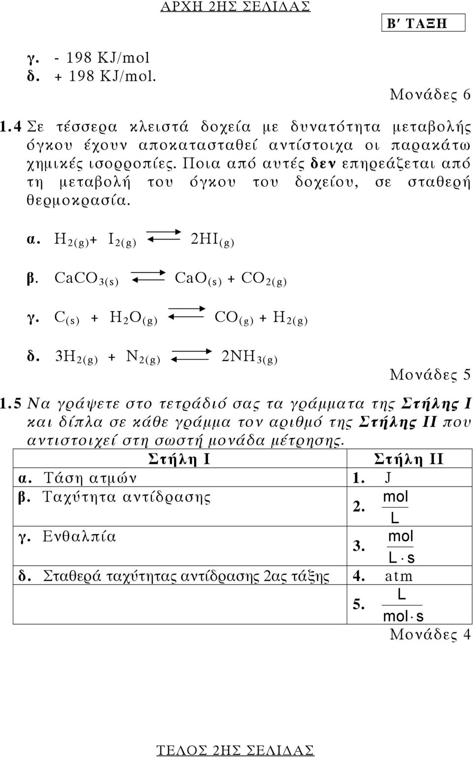 C (s) + H 2 O (g) CO (g) + H 2(g) δ. 3Η 2(g) + Ν 2(g) 2NH 3(g) 1.