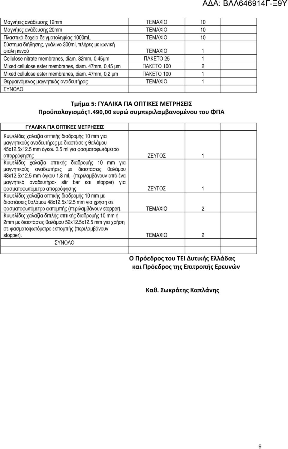 47mm, 0,2 μm ΠΑΚΕΤΟ 100 1 Θερμαινόμενος μαγνητικός αναδευτήρας ΤΕΜΑΧΙΟ 1 ΣΥΝΟΛΟ Τμήμα 5: ΓΥΑΛΙΚΑ ΓΙΑ ΟΠΤΙΚΕΣ ΜΕΤΡΗΣΕΙΣ Προϋπολογισμός1.