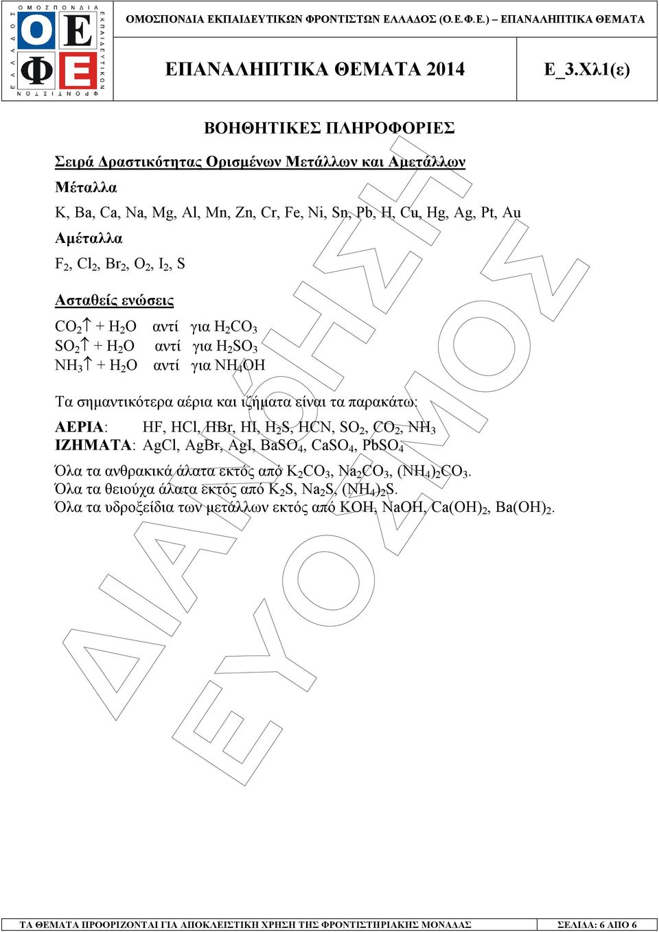 HBr, HI, H 2 S, HCN, SO 2, CO 2, NH 3 ΙΖΗΜΑΤΑ: AgCl, AgBr, AgI, BaSO 4, CaSO 4, PbSO 4 Όλα τα ανθρακικά άλατα εκτός από K 2 CO 3, Na 2 CO 3, (NH 4 ) 2 CO 3.