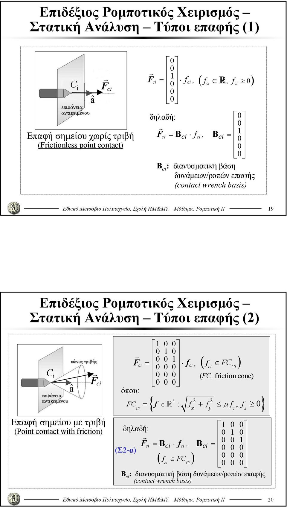 Μάθημα: Ρομποτική ΙΙ 9 Στατική Ανάλυση Τύποι επαφής (2) C â F Επαφή σημείου με τριβή (Pont ontat wth frton) F όπου: 0 0 0 0 = 0 0 0 0 0 f 0 0 0 0 0 0, ( f FC ) 3 2 2