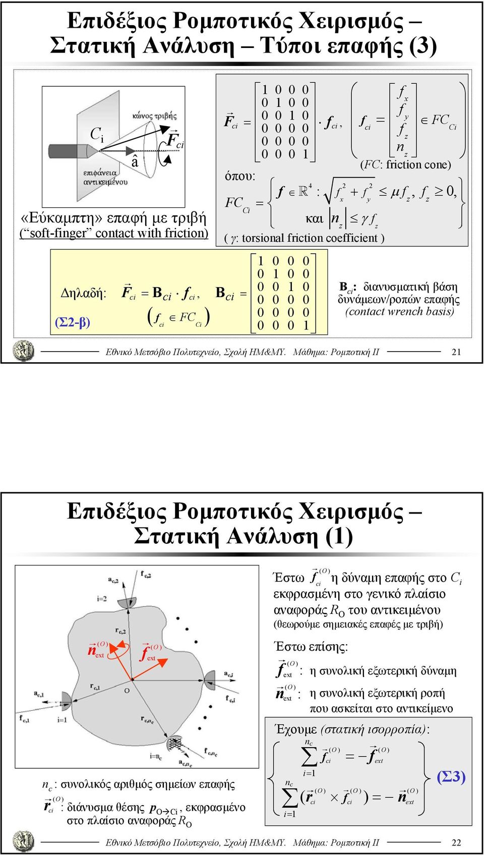 Μάθημα: Ρομποτική ΙΙ 2 z z B : διανυσματική βάση δυνάμεων/ροπών επαφής (ontat wrenh bass) Στατική Ανάλυση () n ( ) f ( ) n : συνολικός αριθμός σημείων επαφής r ( ) : διάνυσμα θέσης p ΟC, εκφρασμένo