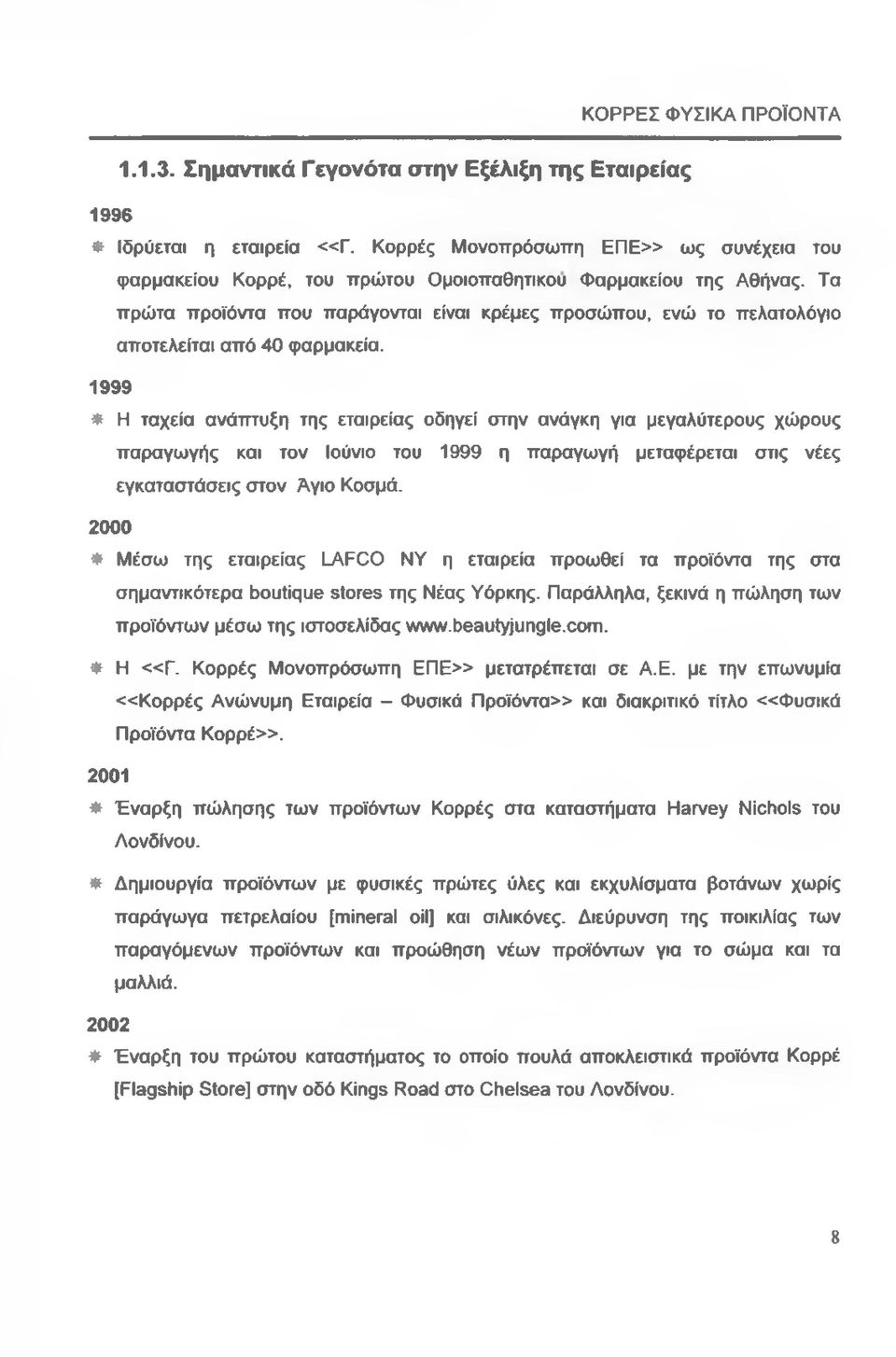 1999 * Η ταχεία ανάπτυξη της εταιρείας οδηγεί στην ανάγκη για μεγαλύτερους χώρους παραγωγής και τον Ιούνιο του 1999 η παραγωγή μεταφέρεται στις νέες εγκαταστάσεις στον Αγιο Κοσμά.