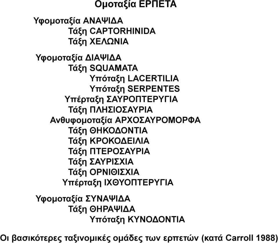 ΘΗΚΟΔΟΝΤΙΑ Τάξη ΚΡΟΚΟΔΕΙΛΙΑ Τάξη ΠΤΕΡΟΣΑΥΡΙΑ Τάξη ΣΑΥΡΙΣΧΙΑ Τάξη ΟΡΝΙΘΙΣΧΙΑ Υπέρταξη ΙΧΘΥΟΠΤΕΡΥΓΙΑ