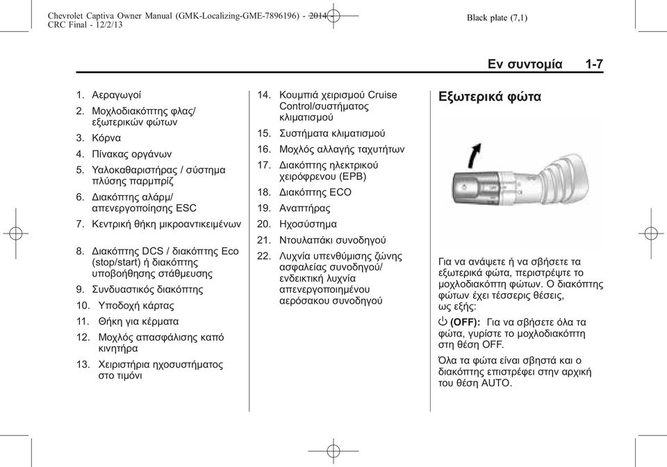 Υποδοχή κάρτας 11. Θήκη για κέρματα 12. Μοχλός απασφάλισης καπό κινητήρα 13. Χειριστήρια ηχοσυστήματος στο τιμόνι 14. Κουμπιά χειρισμού Cruise Control/συστήματος κλιματισμού 15.