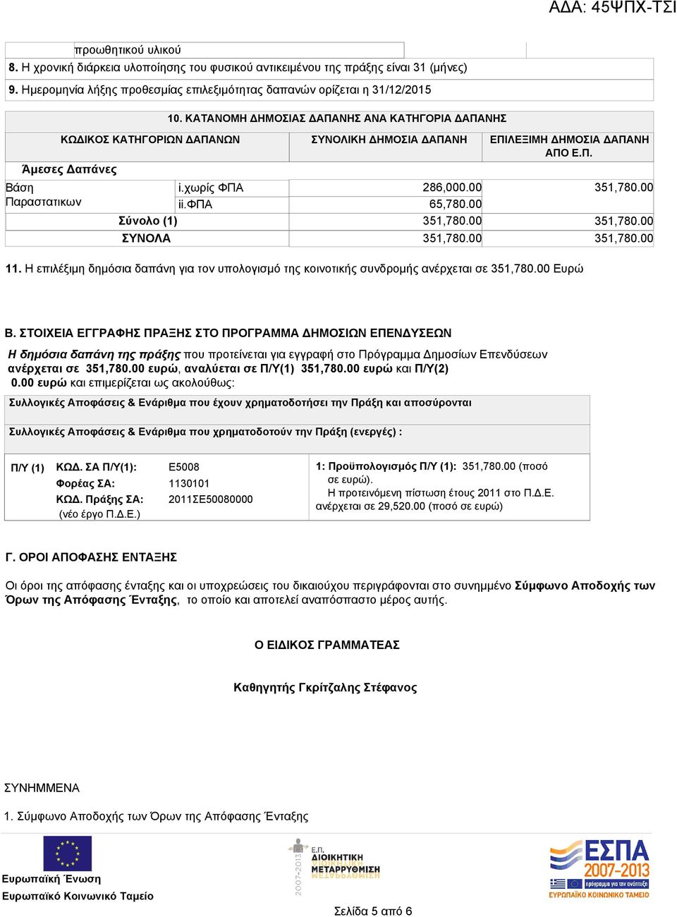 00 65,780.00 Σύνολο (1) 351,780.00 ΣΥΝΟΛΑ 351,780.00 351,780.00 351,780.00 351,780.00 11. Η επιλέξιμη δημόσια δαπάνη για τον υπολογισμό της κοινοτικής συνδρομής ανέρχεται σε 351,780.00 Ευρώ Β.