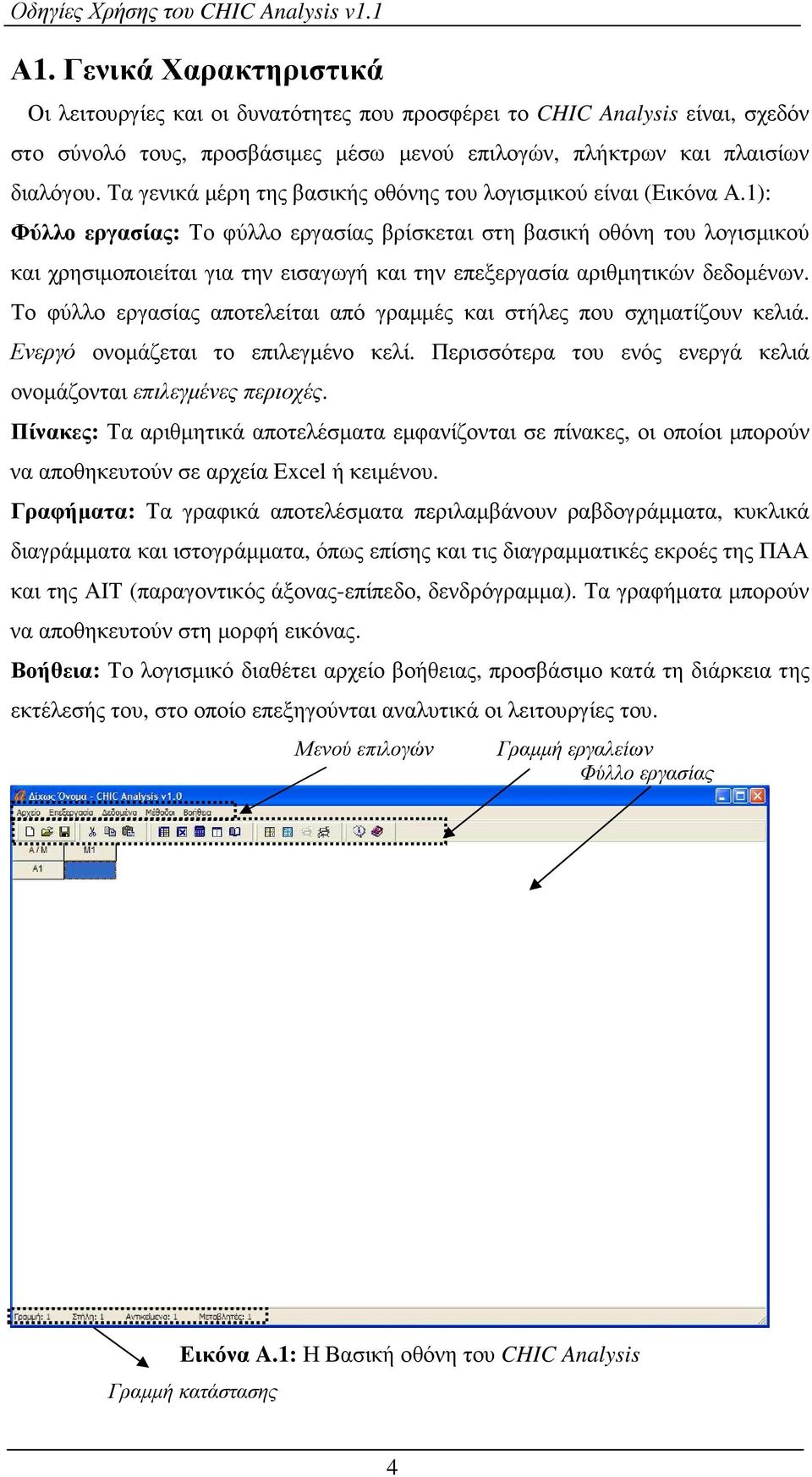 1): Φύλλο εργασίας: Το φύλλο εργασίας βρίσκεται στη βασική οθόνη του λογισµικού και χρησιµοποιείται για την εισαγωγή και την επεξεργασία αριθµητικών δεδοµένων.