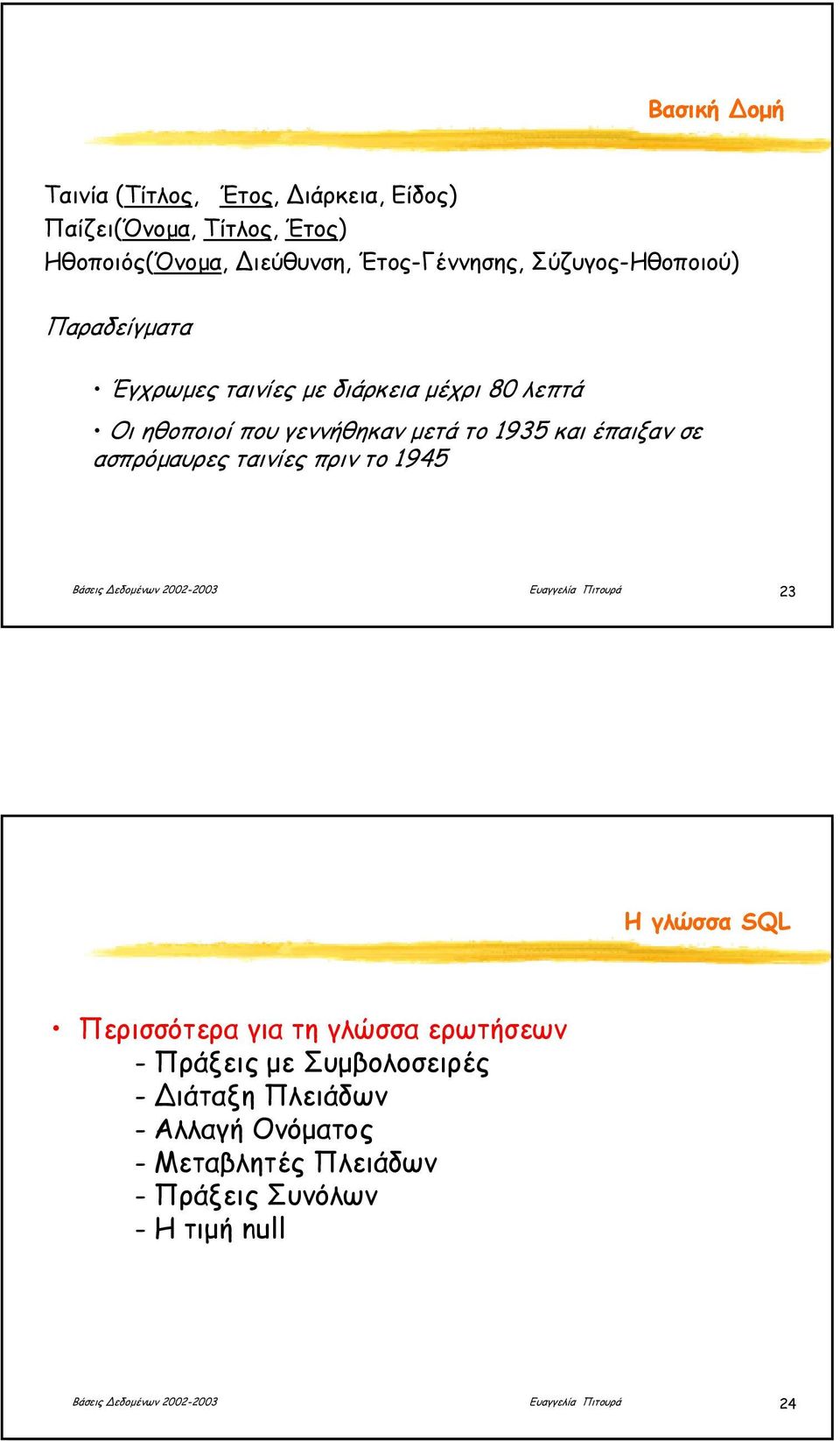 ασπρόµαυρες ταινίες πριν το 1945 Βάσεις εδοµένων 2002-2003 Ευαγγελία Πιτουρά 23 Η γλώσσα SQL Περισσότερα για τη γλώσσα ερωτήσεων -