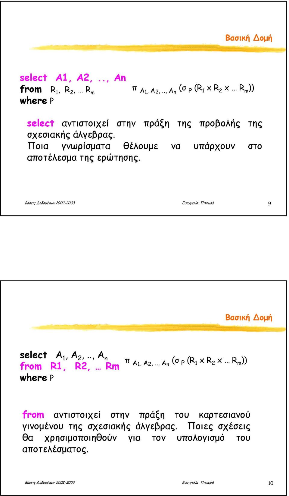 Ποια γνωρίσµατα θέλουµε να υπάρχουν στο αποτέλεσµα της ερώτησης. Βάσεις εδοµένων 2002-2003 Ευαγγελία Πιτουρά 9 Βασική οµή select Α 1, Α 2,.