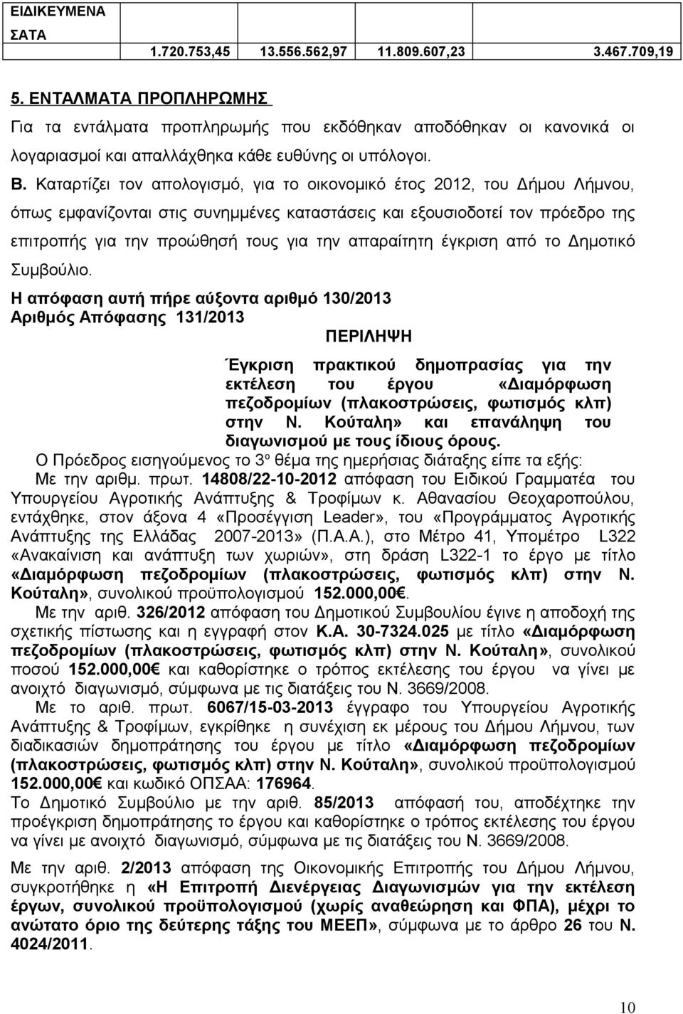 Καταρτίζει τον απολογισμό, για το οικονομικό έτος 2012, του Δήμου Λήμνου, όπως εμφανίζονται στις συνημμένες καταστάσεις και εξουσιοδοτεί τον πρόεδρο της επιτροπής για την προώθησή τους για την