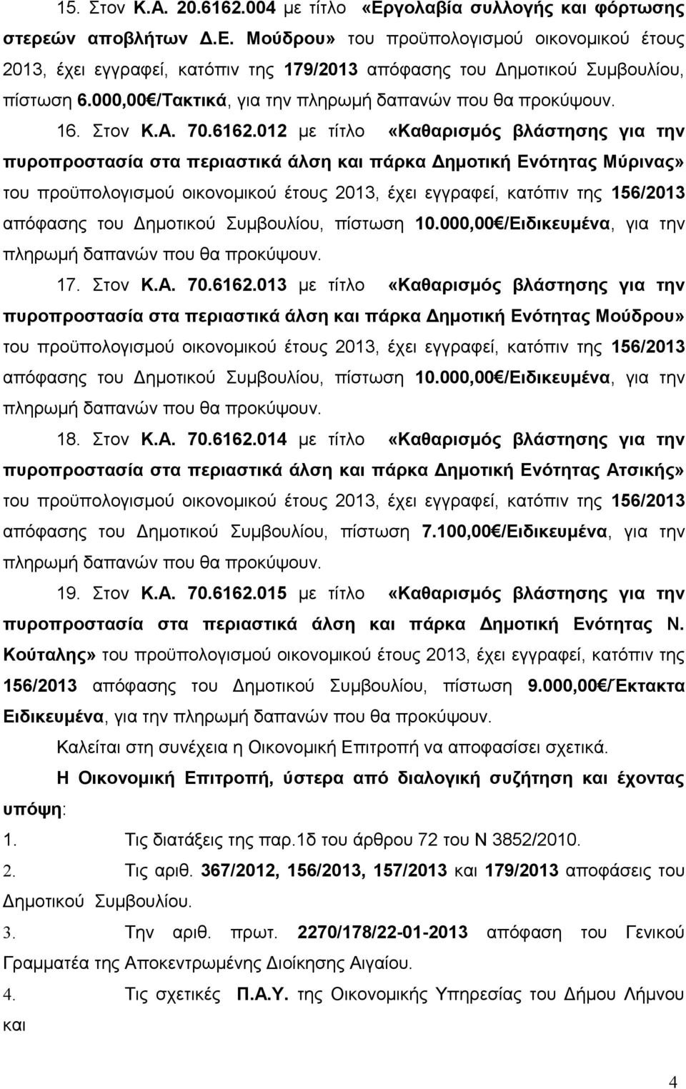 012 με τίτλο «Καθαρισμός βλάστησης για την πυροπροστασία στα περιαστικά άλση και πάρκα Δημοτική Ενότητας Μύρινας» του προϋπολογισμού οικονομικού έτους 2013, έχει εγγραφεί, κατόπιν της 156/2013