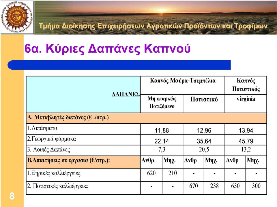 Ποτιστικός virginia 13,94 22,14 35,64 45,79 7,3 20,5 13,2 Β.Απαιτήσεις σε εργασία ( /στρ.