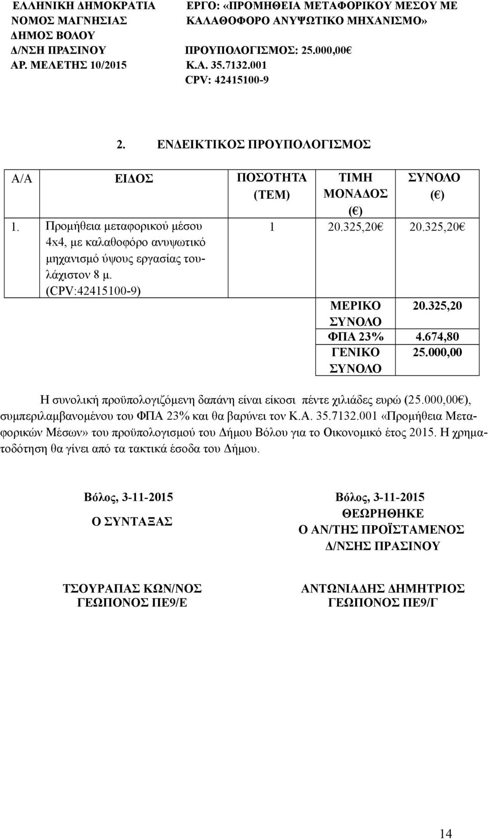 (CPV:42415100-9) ΤΙΜΗ ΜΟΝΑΔΟΣ ( ) ΣΥΝΟΛΟ ( ) 1 20.325,20 20.325,20 ΜΕΡΙΚΟ 20.325,20 ΣΥΝΟΛΟ ΦΠΑ 23% 4.674,80 ΓΕΝΙΚΟ 25.