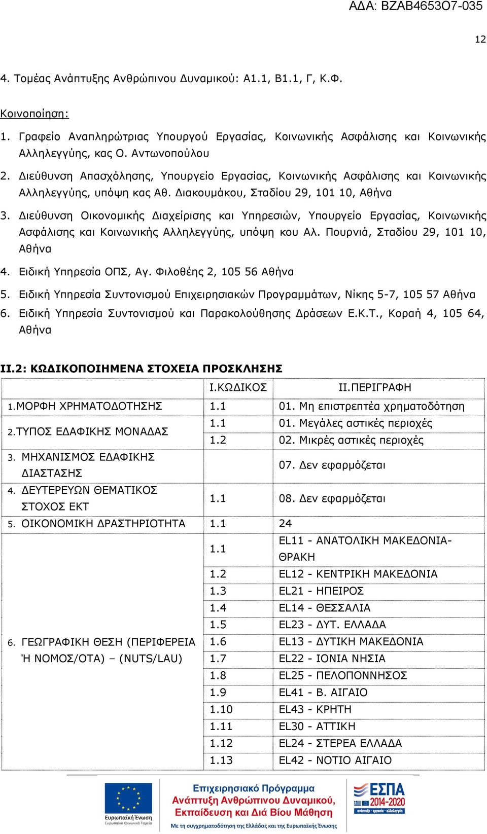 Διεύθυνση Οικονομικής Διαχείρισης και Υπηρεσιών, Υπουργείο Εργασίας, Κοινωνικής Ασφάλισης και Κοινωνικής Αλληλεγγύης, υπόψη κου Αλ. Πουρνιά, Σταδίου 29, 101 10, Αθήνα 4. Ειδική Υπηρεσία ΟΠΣ, Αγ.