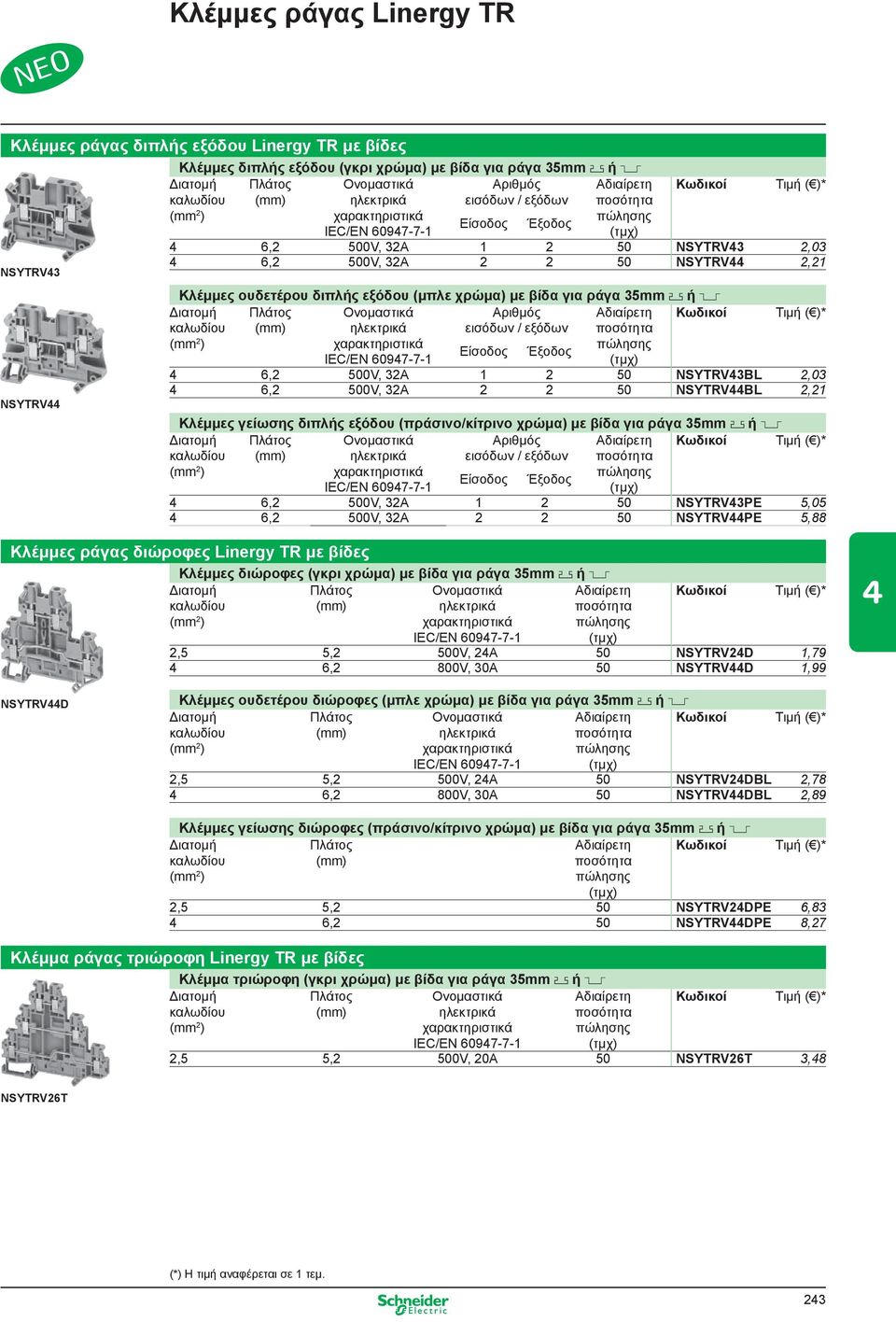 (πράσινο/κίτρινο χρώμα) με βίδα για ράγα 35mm 1 ή 5 4 6,2 500V, 32A 1 2 50 NSYTRV43PE 5,05 4 6,2 500V, 32A 2 2 50 NSYTRV44PE 5,88 Κλέμμες ράγας διώροφες Linergy TR με βίδες Κλέμμες διώροφες (γκρι