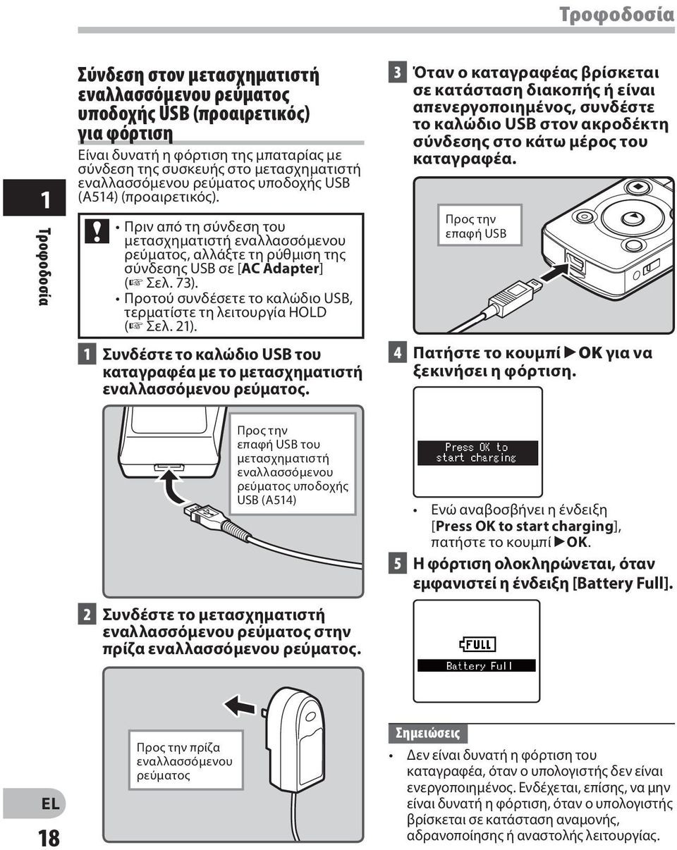 Προτού συνδέσετε το καλώδιο USB, τερματίστε τη λειτουργία HOLD ( Σελ. 21). 1 Συνδέστε το καλώδιο USB του καταγραφέα με το μετασχηματιστή εναλλασσόμενου ρεύματος.