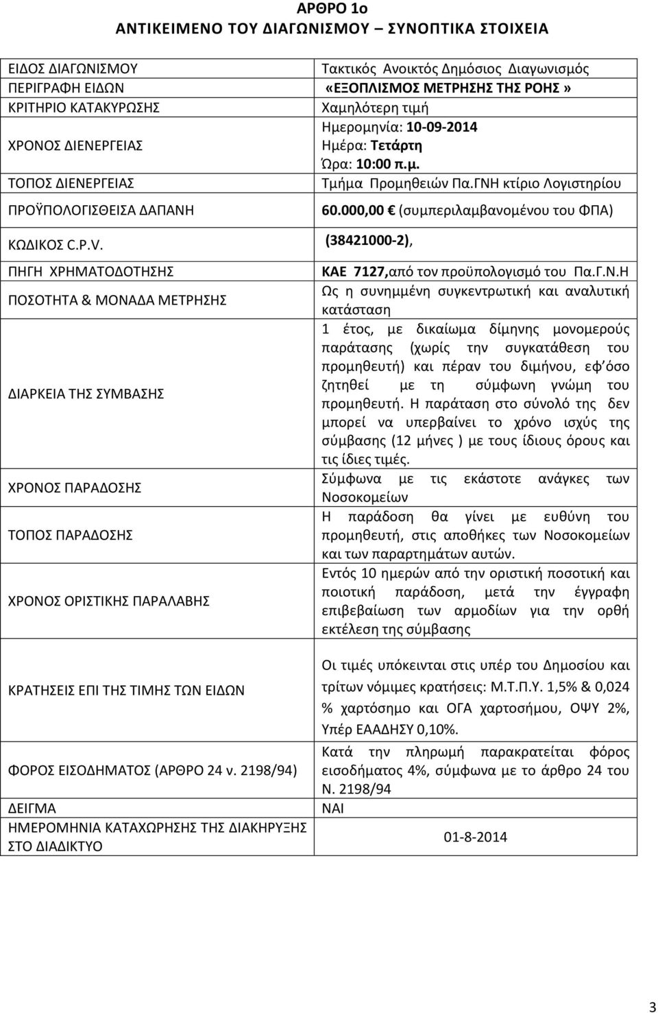 (38421000-2), ΠΗΓΗ ΧΡΗΜΑΤΟΔΟΤΗΣΗΣ ΠΟΣΟΤΗΤΑ & ΜΟΝΑΔΑ ΜΕΤΡΗΣΗΣ ΔΙΑΡΚΕΙΑ ΤΗΣ ΣΥΜΒΑΣΗΣ ΧΡΟΝΟΣ ΠΑΡΑΔΟΣΗΣ ΤΟΠΟΣ ΠΑΡΑΔΟΣΗΣ ΧΡΟΝΟΣ ΟΡΙΣΤΙΚΗΣ ΠΑΡΑΛΑΒΗΣ 60.