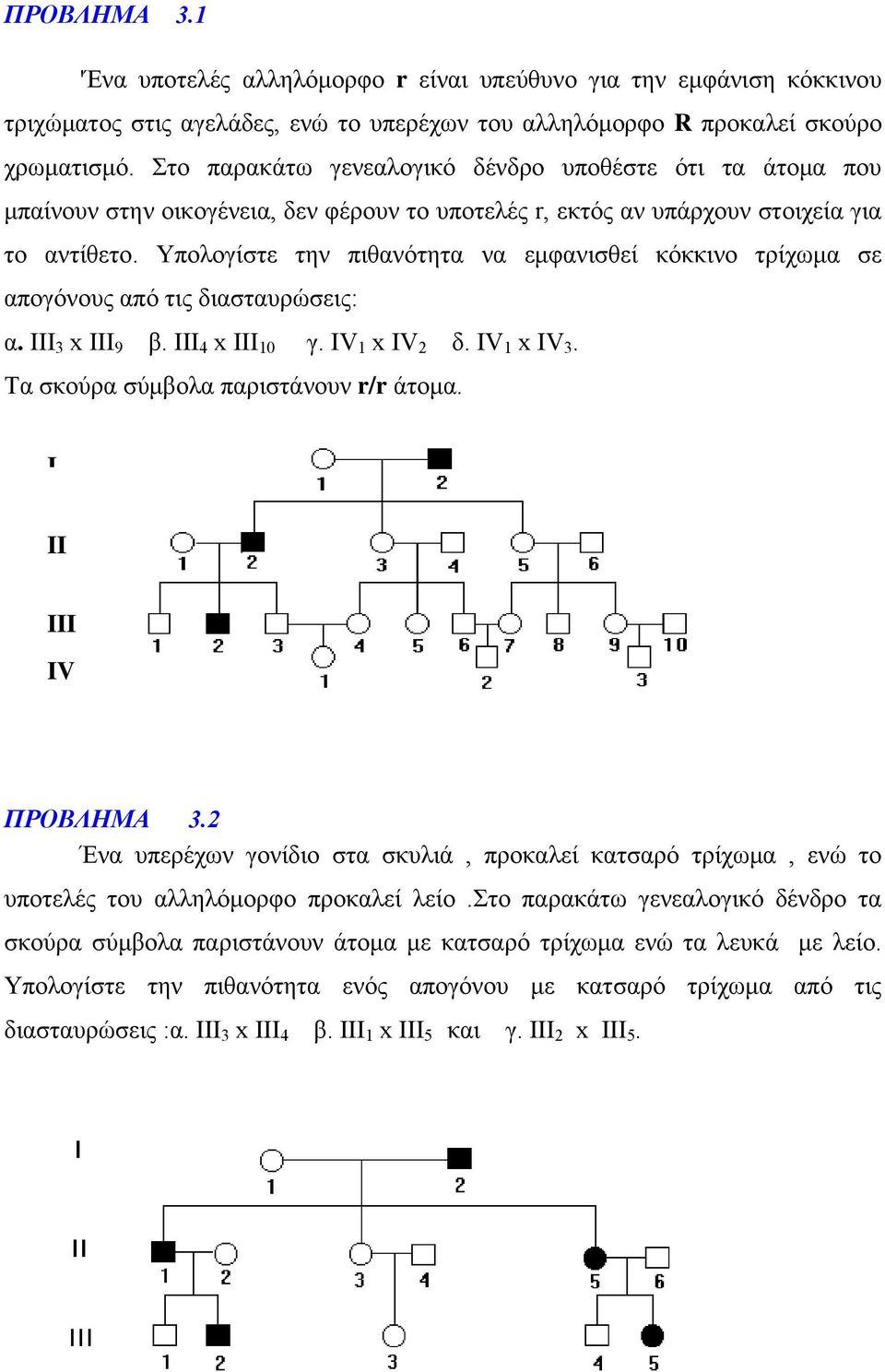 Υπολογίστε την πιθανότητα να εμφανισθεί κόκκινο τρίχωμα σε απογόνους από τις διασταυρώσεις: α. ΙΙΙ 3 x III 9 β. III 4 x III 10 γ. IV 1 x IV 2 δ. IV 1 x IV 3. Tα σκούρα σύμβολα παριστάνουν r/r άτομα.