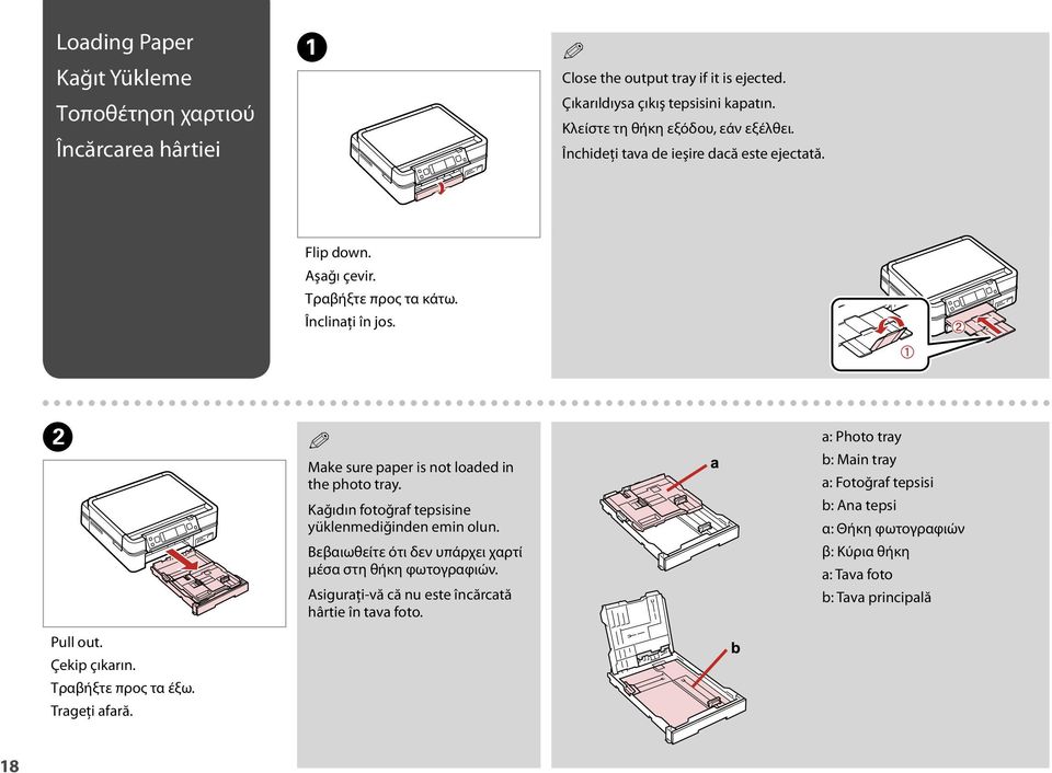 Τραβήξτε προς τα έξω. Trageţi afară. Q Make sure paper is not loaded in the photo tray. Kağıdın fotoğraf tepsisine yüklenmediğinden emin olun.