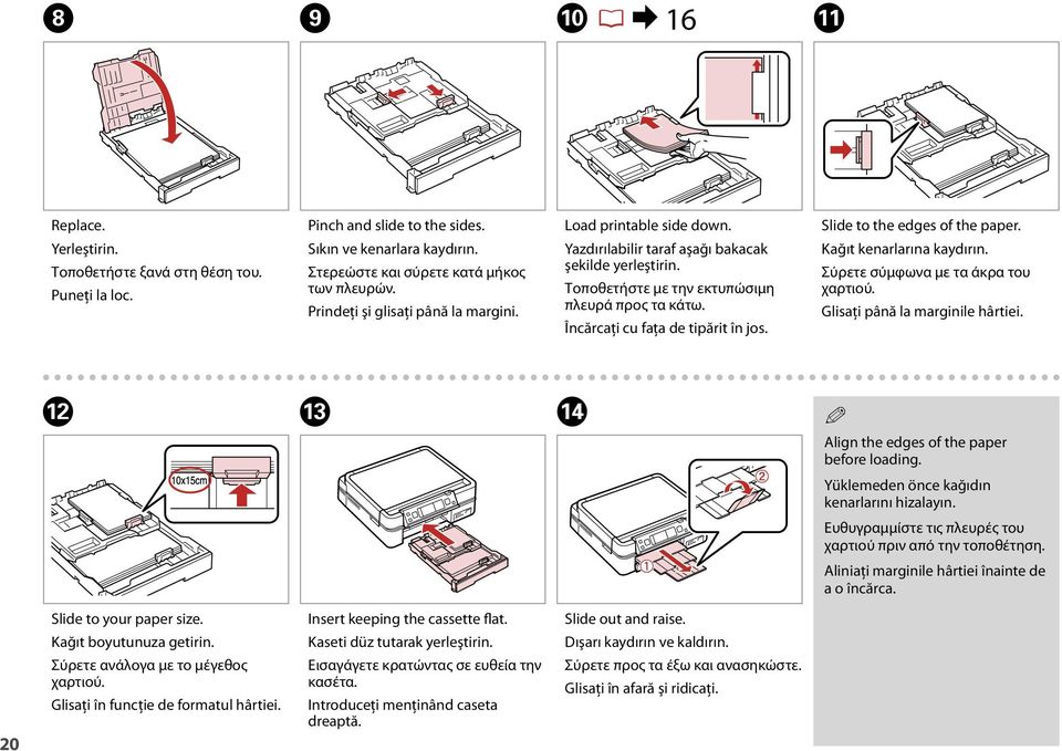 Încărcaţi cu faţa de tipărit în jos. Slide to the edges of the paper. Kağıt kenarlarına kaydırın. Σύρετε σύμφωνα με τα άκρα του χαρτιού. Glisaţi până la marginile hârtiei.