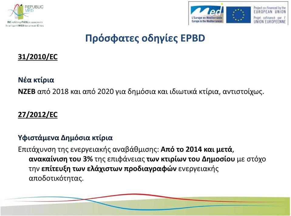 27/2012/EC Υφιστάμενα Δημόσια κτίρια Επιτάχυνση της ενεργειακής αναβάθμισης: Από το