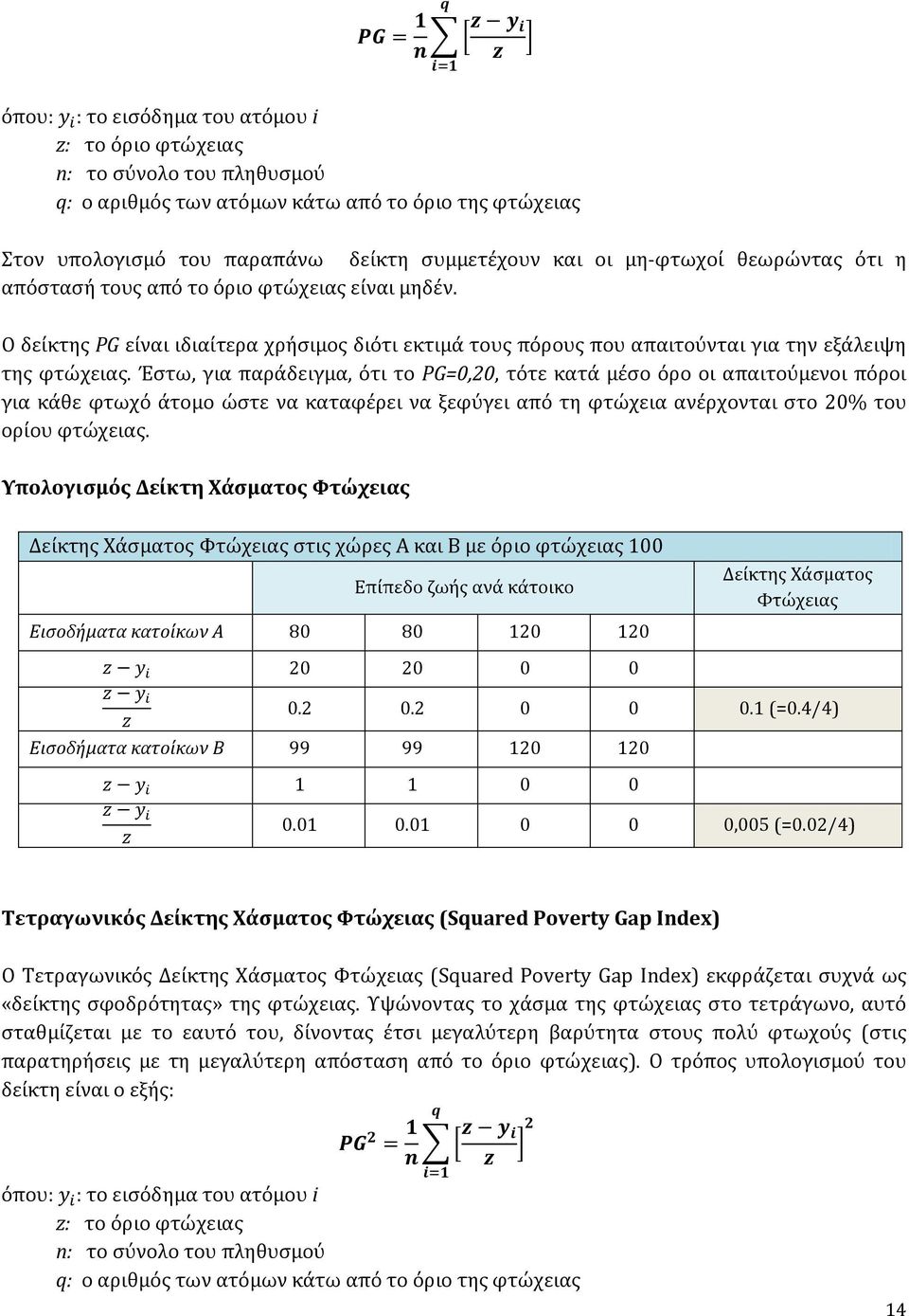 Ϊςτω, για παρϊδειγμα, ότι το PG=0,20, τότε κατϊ μϋςο όρο οι απαιτούμενοι πόροι για κϊθε φτωχό ϊτομο ώςτε να καταφϋρει να ξεφύγει από τη φτώχεια ανϋρχονται ςτο 20% του ορύου φτώχειασ.